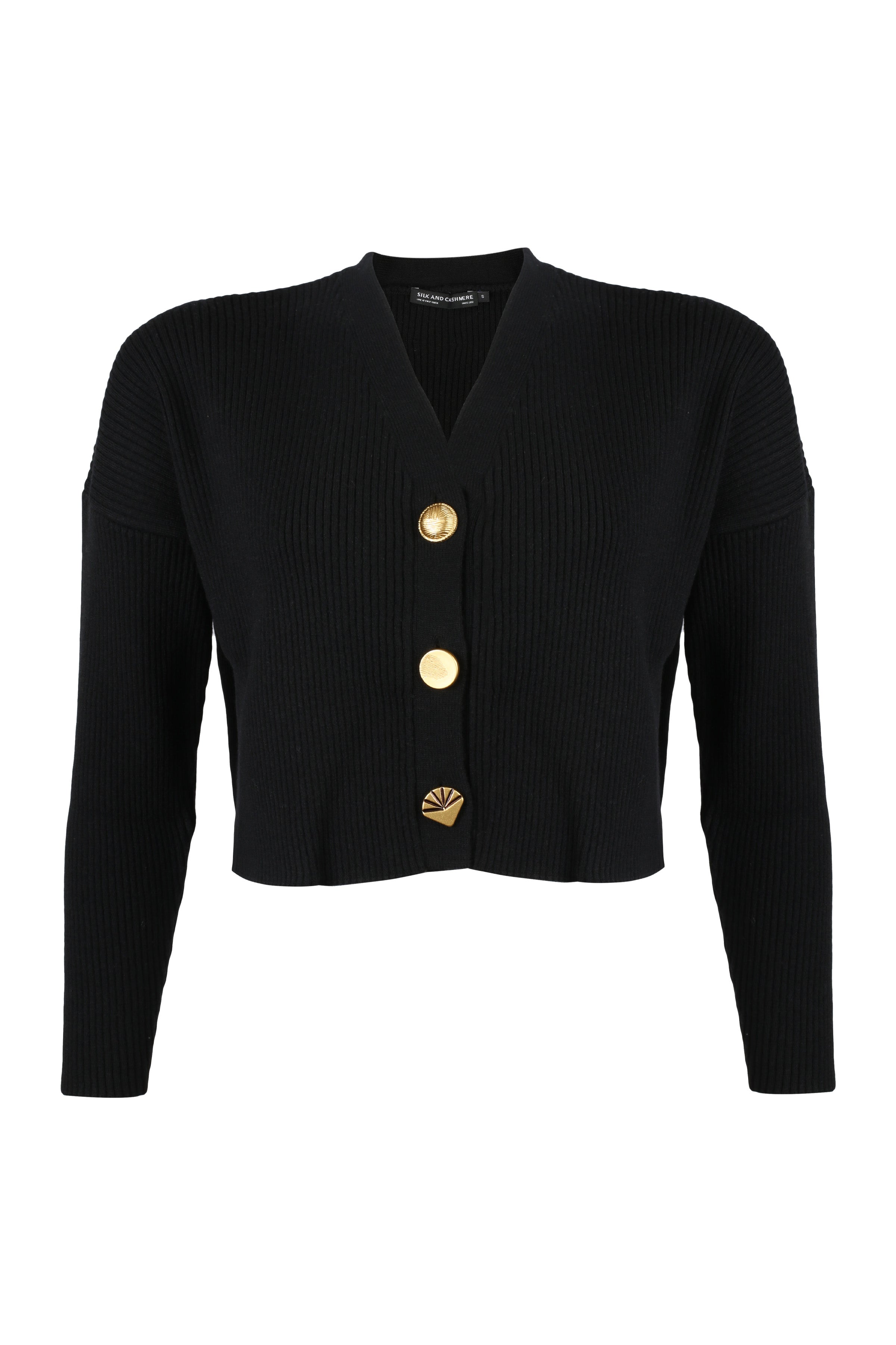 Siyah Saf Yün Stella V Yaka Ribanalı Yarasa Kollu Kadın Crop Hırka