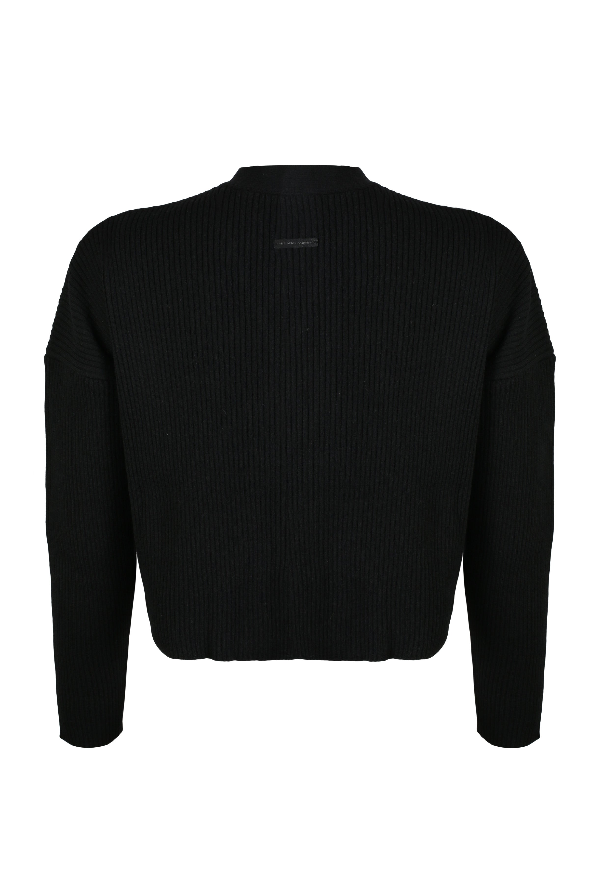 Siyah Saf Yün Stella V Yaka Ribanalı Yarasa Kollu Kadın Crop Hırka