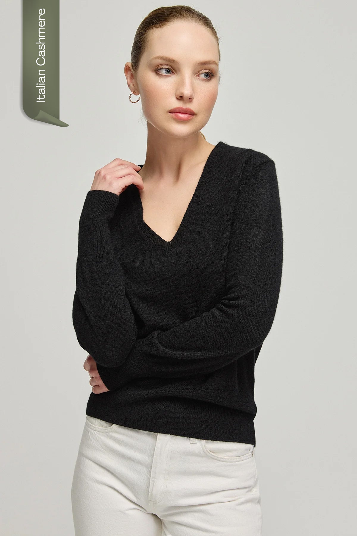 Siyah İtalyan Saf Kaşmir Franca Derin V Yaka Kadın Kazak