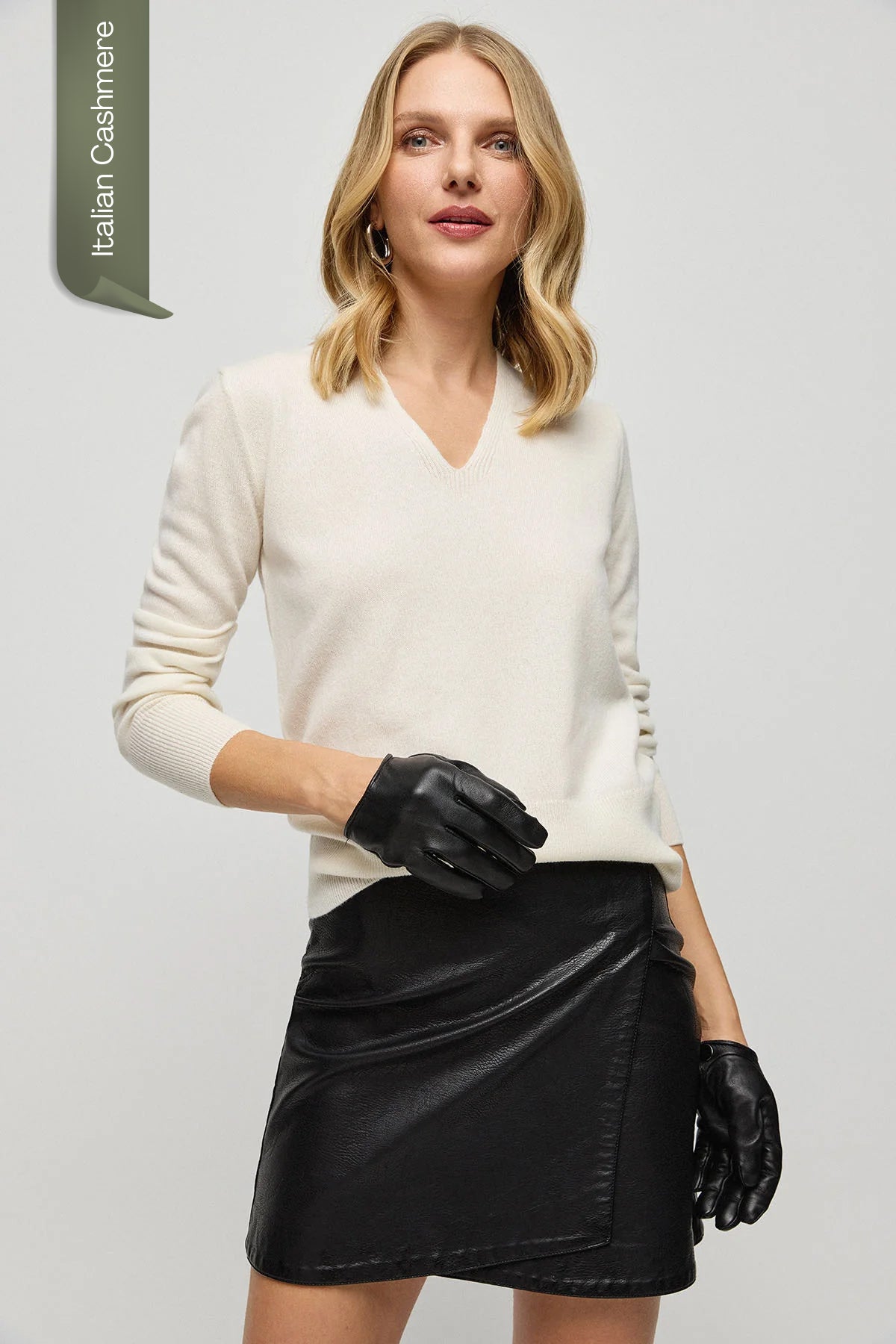 Beyaz İtalyan Saf Kaşmir Franca Derin V Yaka Kadın Kazak