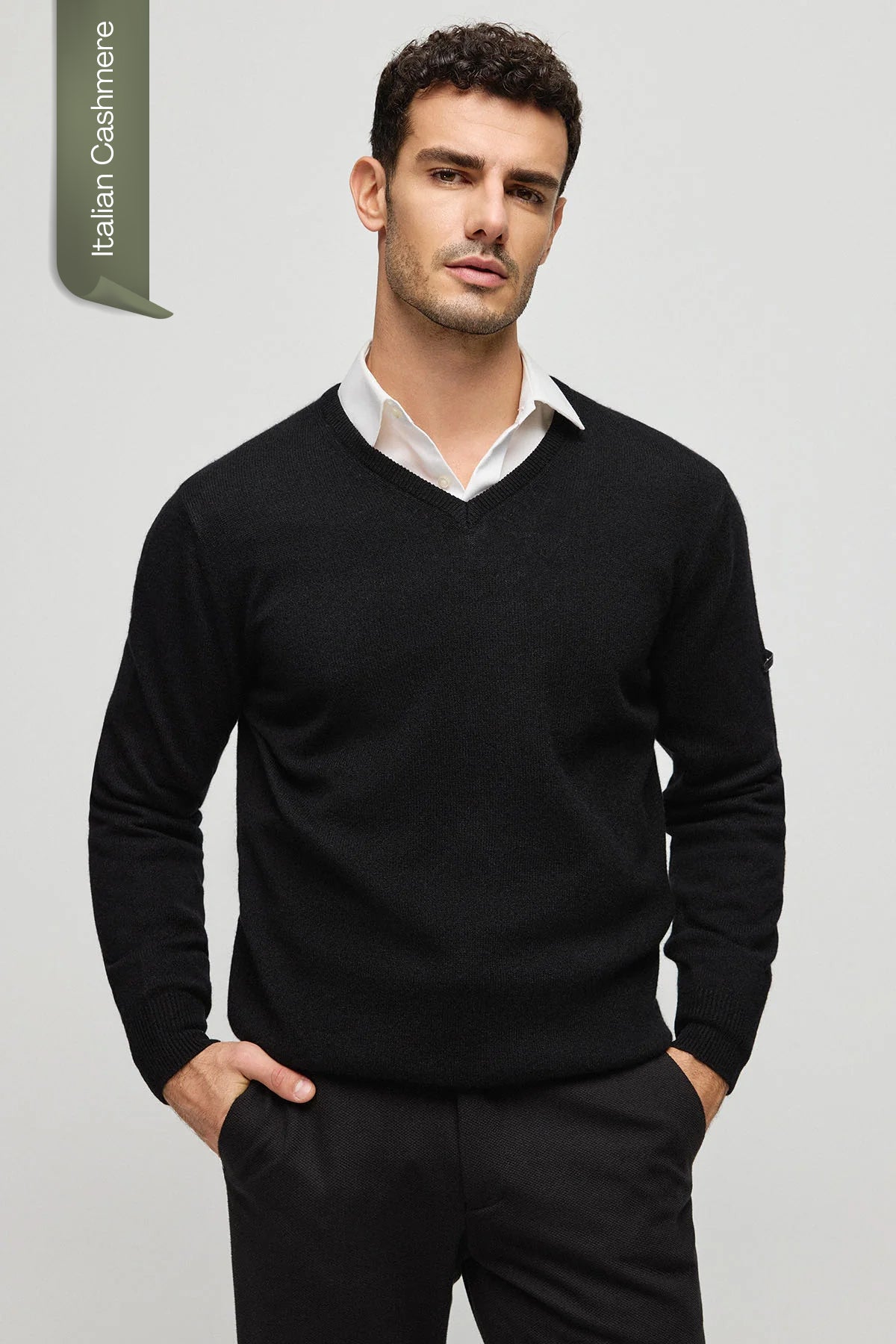 Siyah İtalyan Saf Kaşmir Franco V Yaka Erkek Kazak