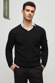 Siyah İtalyan Saf Kaşmir Franco V Yaka Erkek Kazak