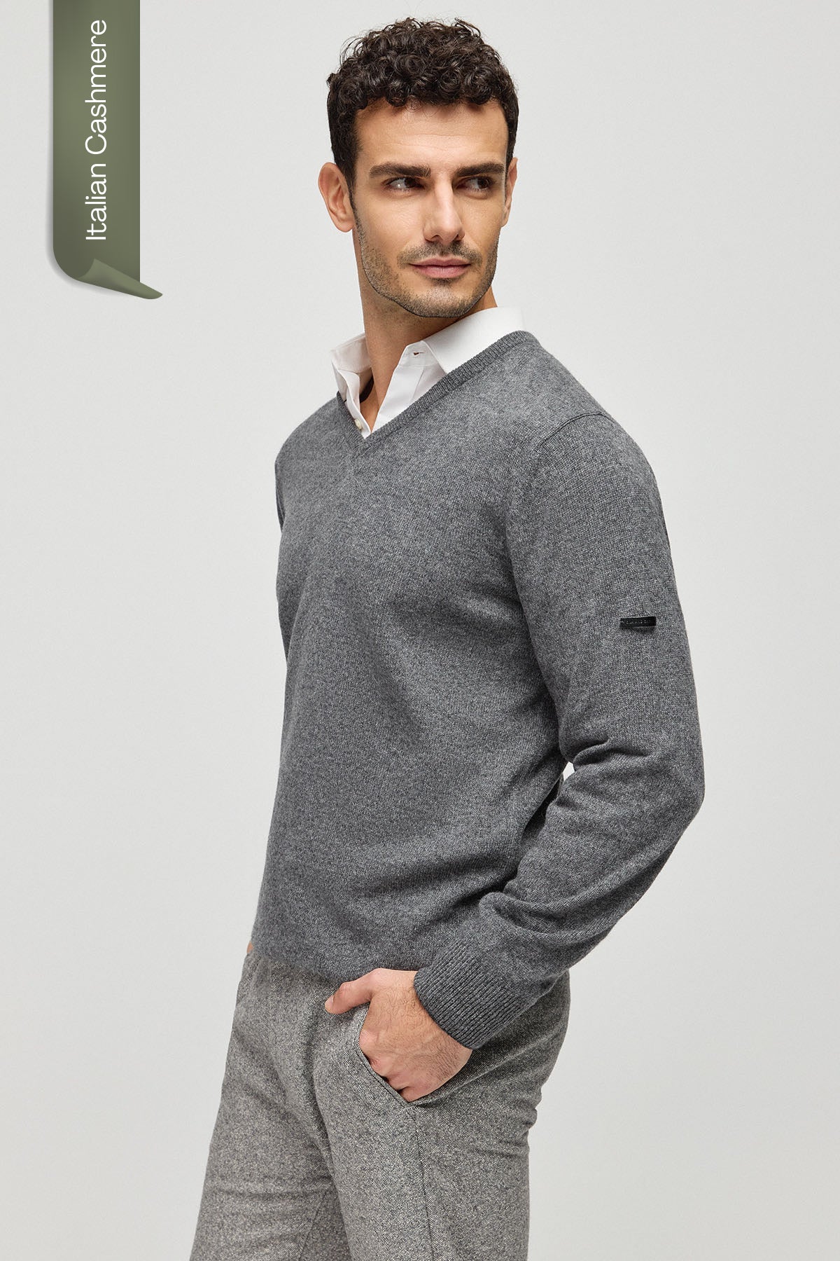 Orta Gri Melanj İtalyan Saf Kaşmir Franco V Yaka Erkek Kazak