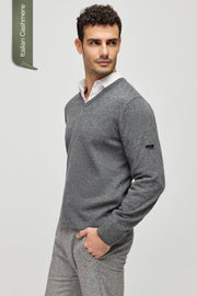 Orta Gri Melanj İtalyan Saf Kaşmir Franco V Yaka Erkek Kazak