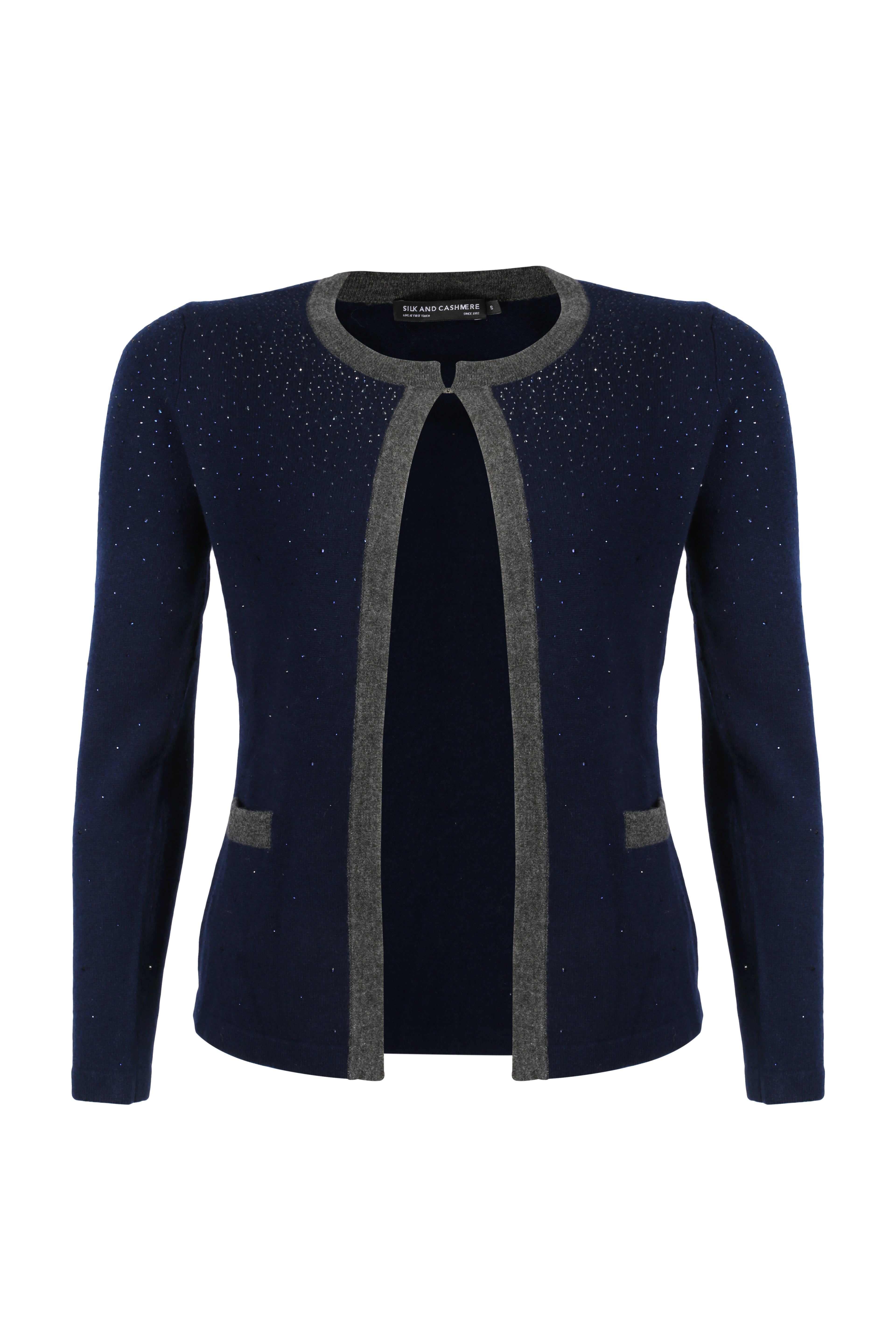 Lacivert Kaşmir Yün Merril Yuvarlak Yaka Taş Süs Detaylı Hırka