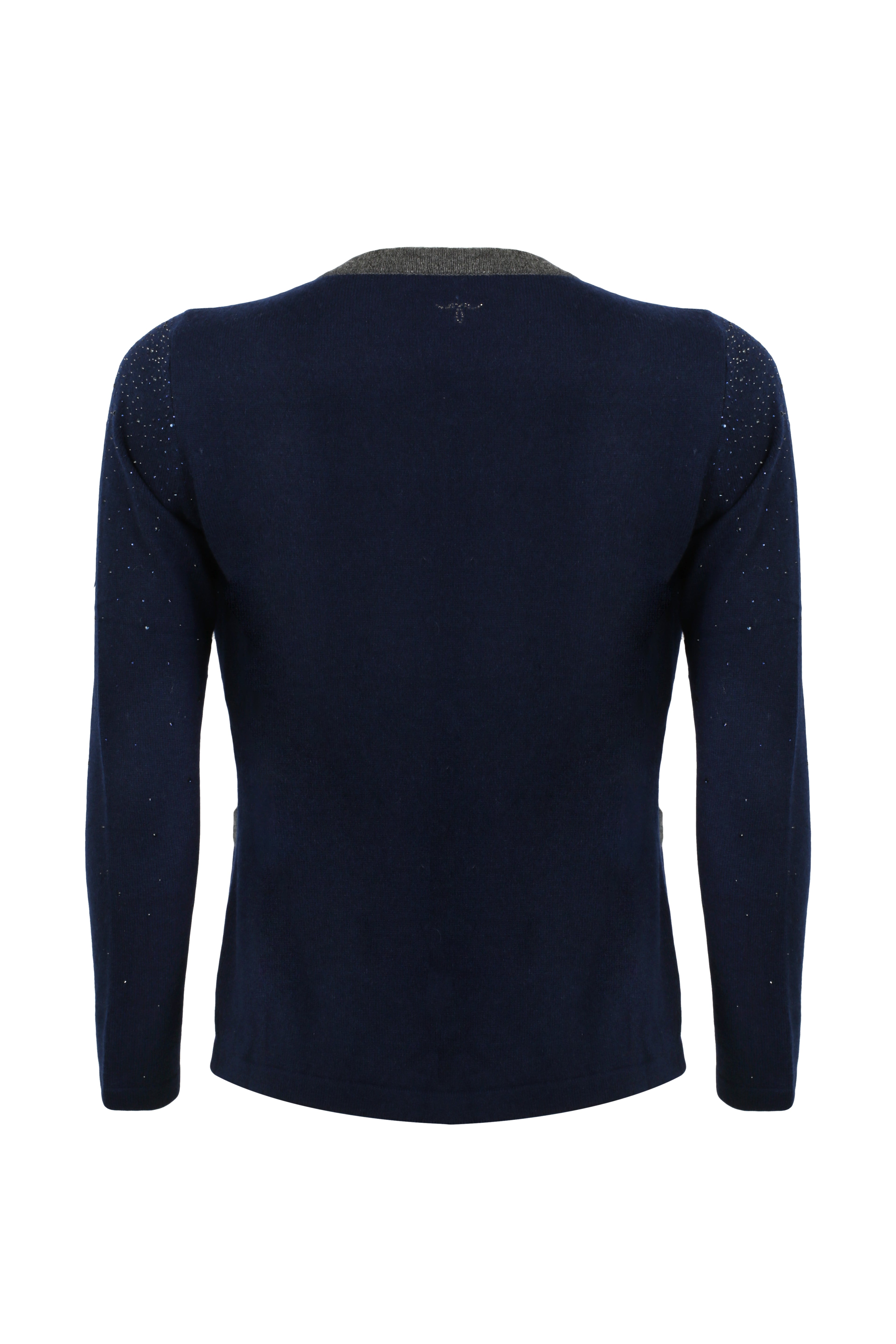 Lacivert Kaşmir Yün Merril Yuvarlak Yaka Taş Süs Detaylı Hırka