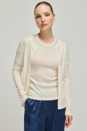 Ekru Kaşmir Yün Merril Yuvarlak Yaka Taş Süs Detaylı Hırka