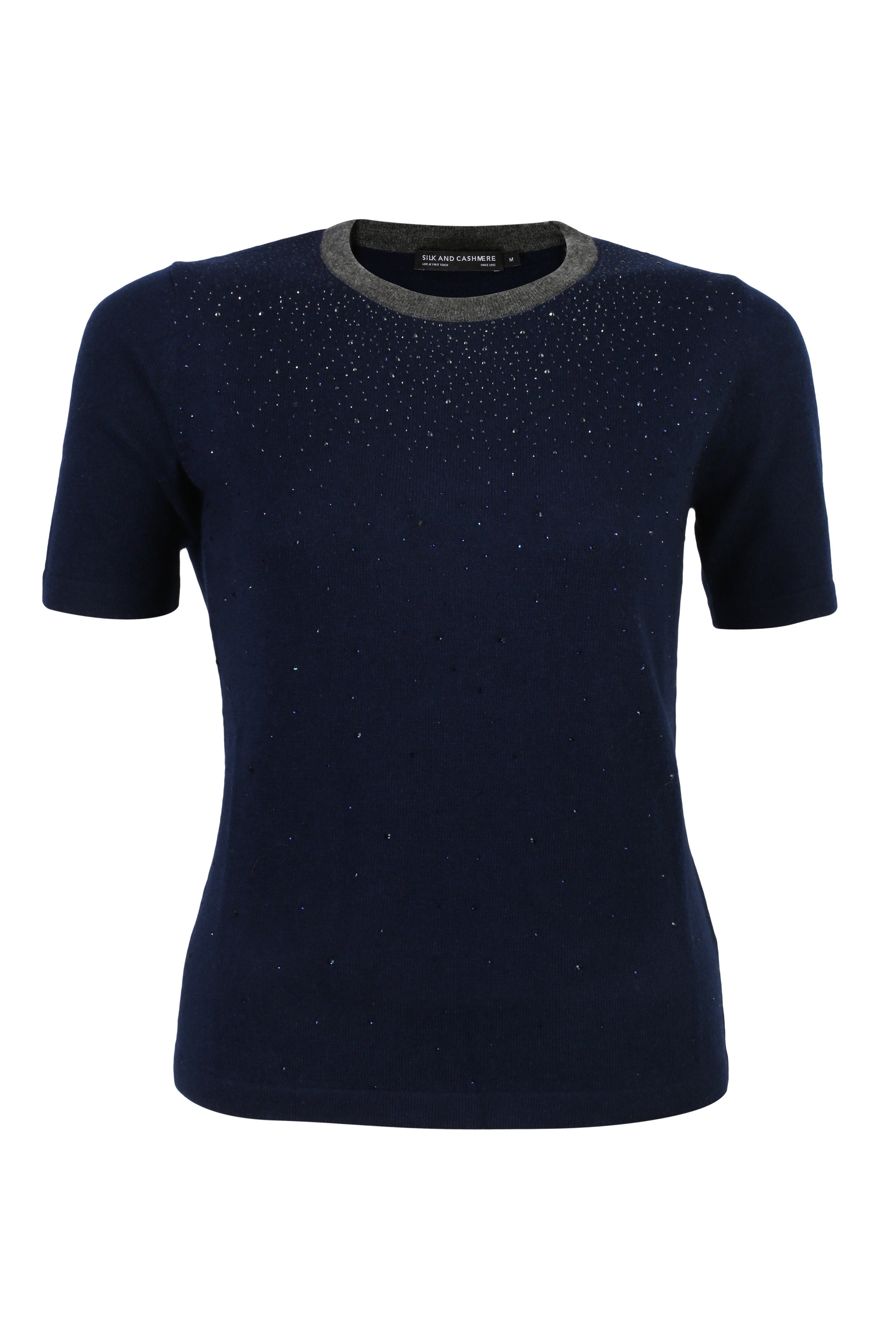 Lacivert Kaşmir Yün Merril Yuvarlak Yaka Taş Süs Detaylı Kısa Kollu Triko