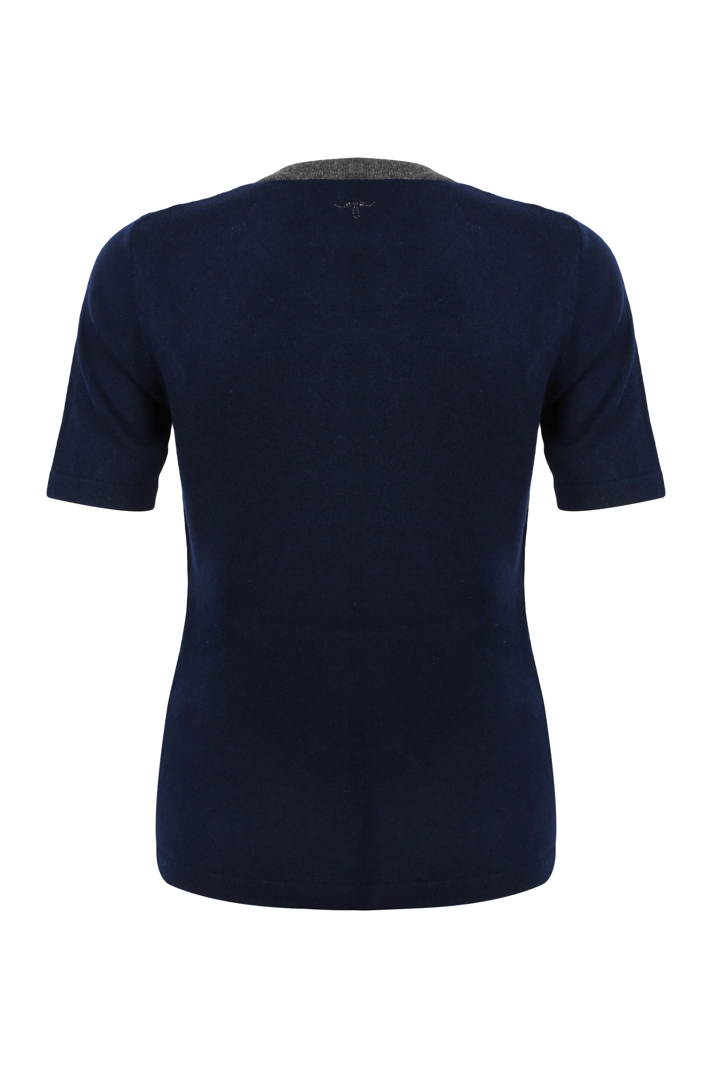 Lacivert Kaşmir Yün Merril Yuvarlak Yaka Taş Süs Detaylı Kısa Kollu Triko