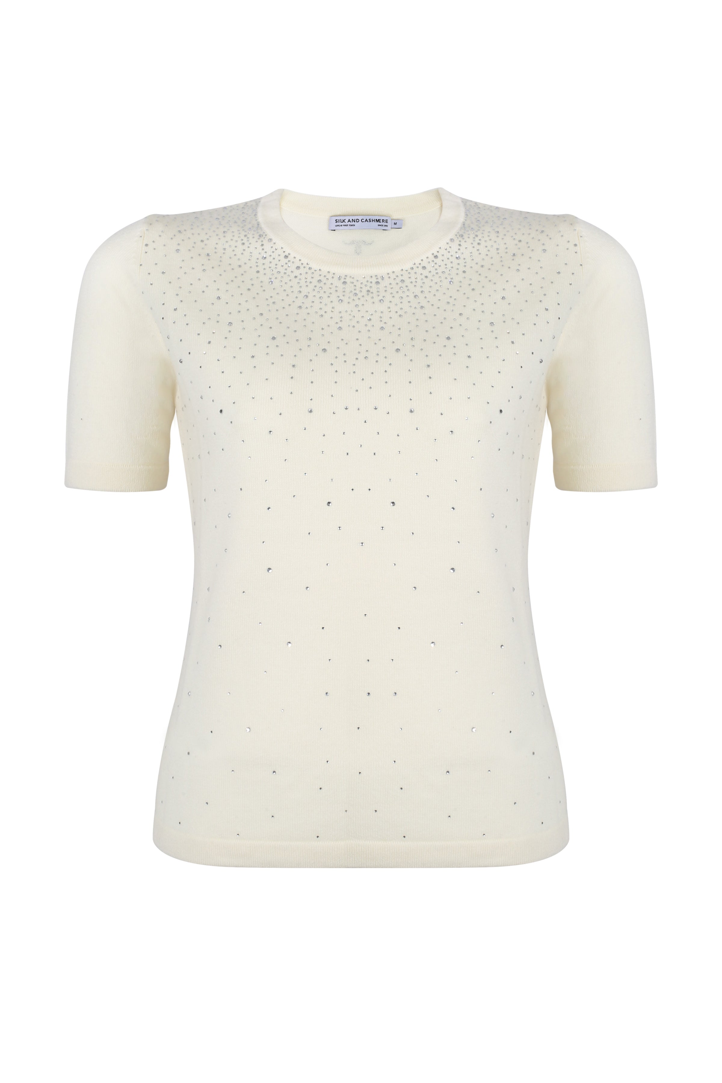 Ekru Kaşmir Yün Merril Yuvarlak Yaka Taş Süs Detaylı Kısa Kollu Triko