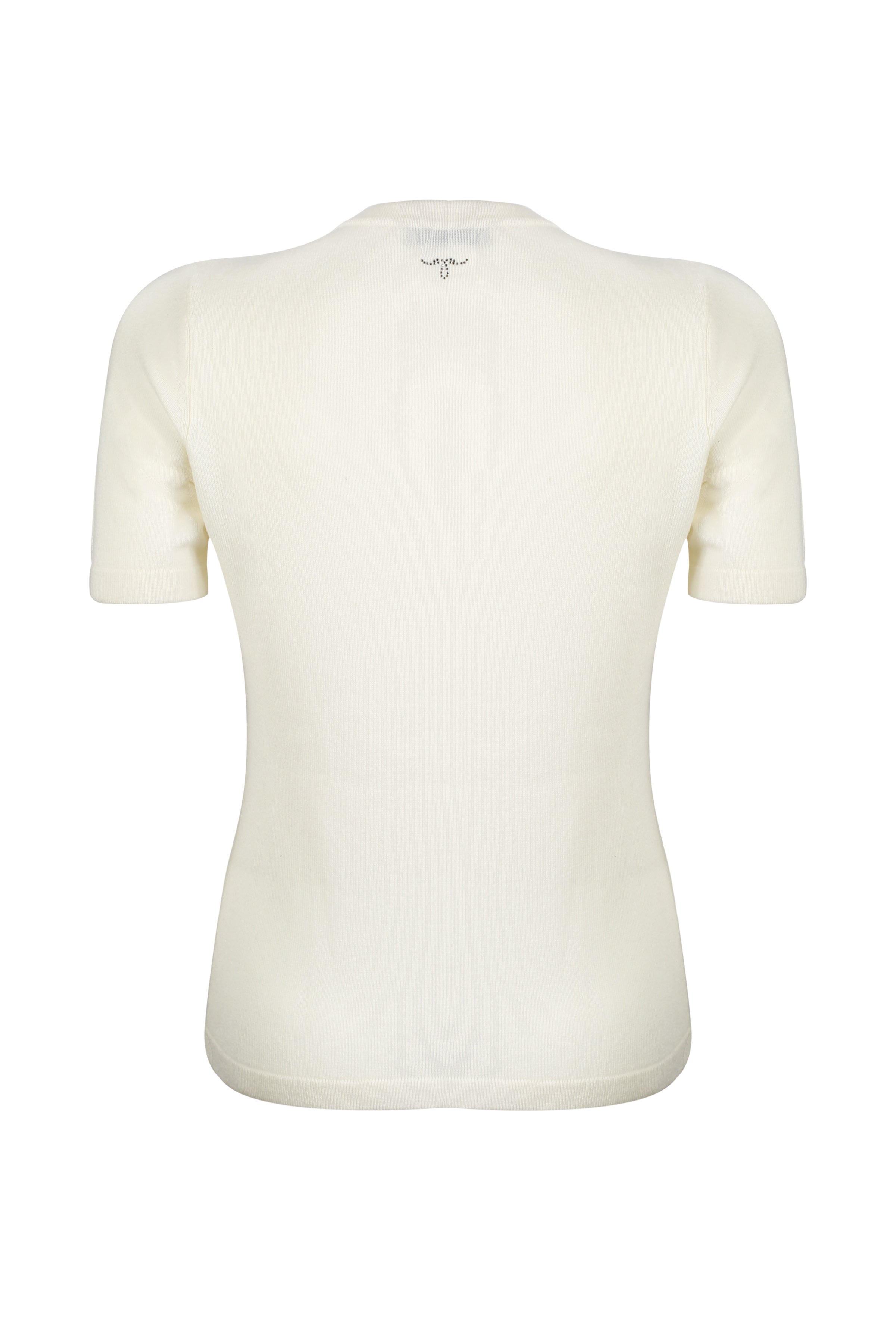 Ekru Kaşmir Yün Merril Yuvarlak Yaka Taş Süs Detaylı Kısa Kollu Triko