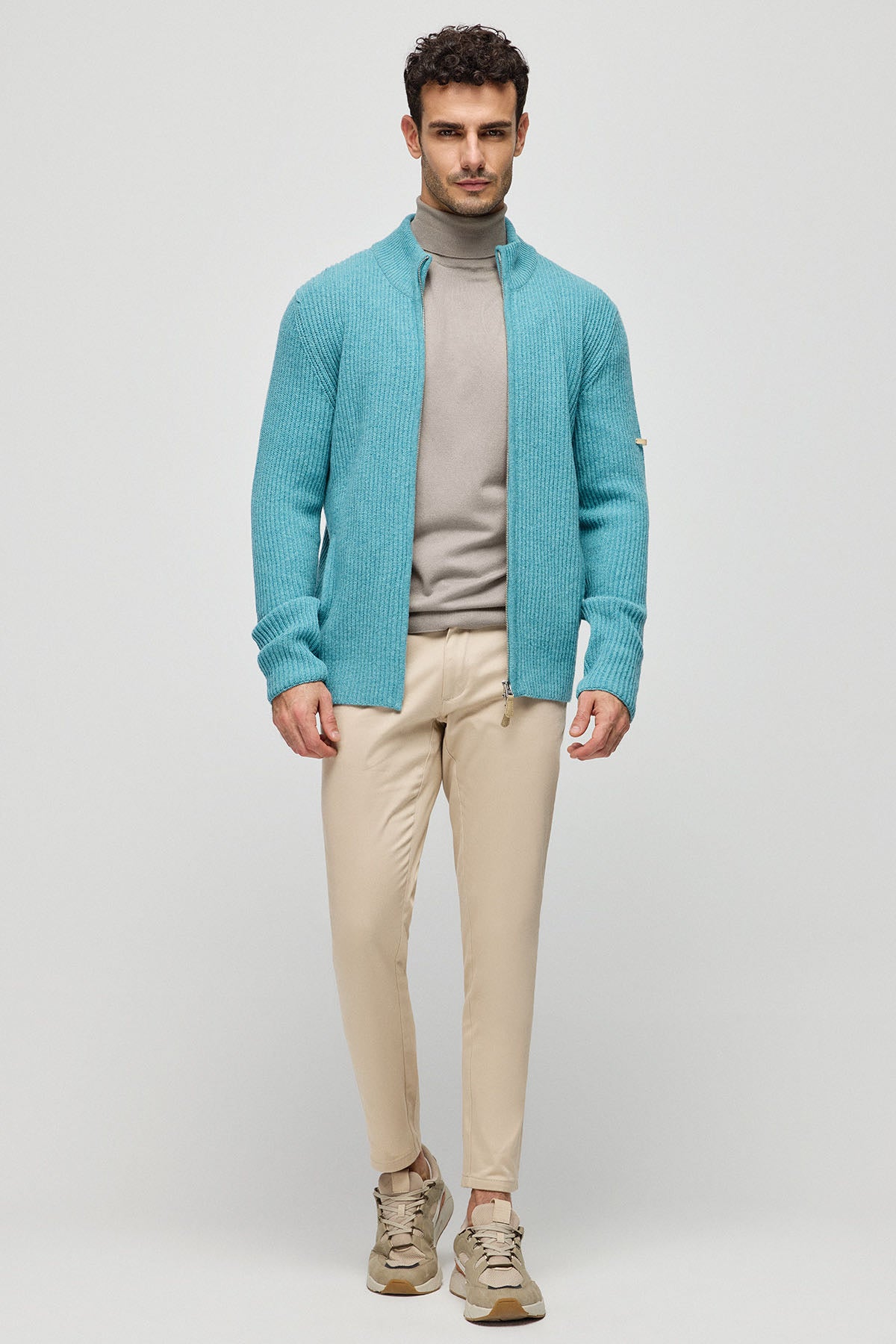 Yeşil Melanj Saf Yün Fabio Yüksek Yaka Ribanalı Erkek Hırka