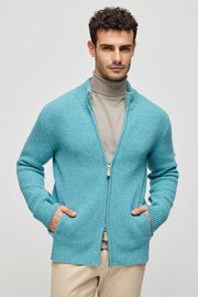 Yeşil Melanj Saf Yün Fabio Yüksek Yaka Ribanalı Erkek Hırka