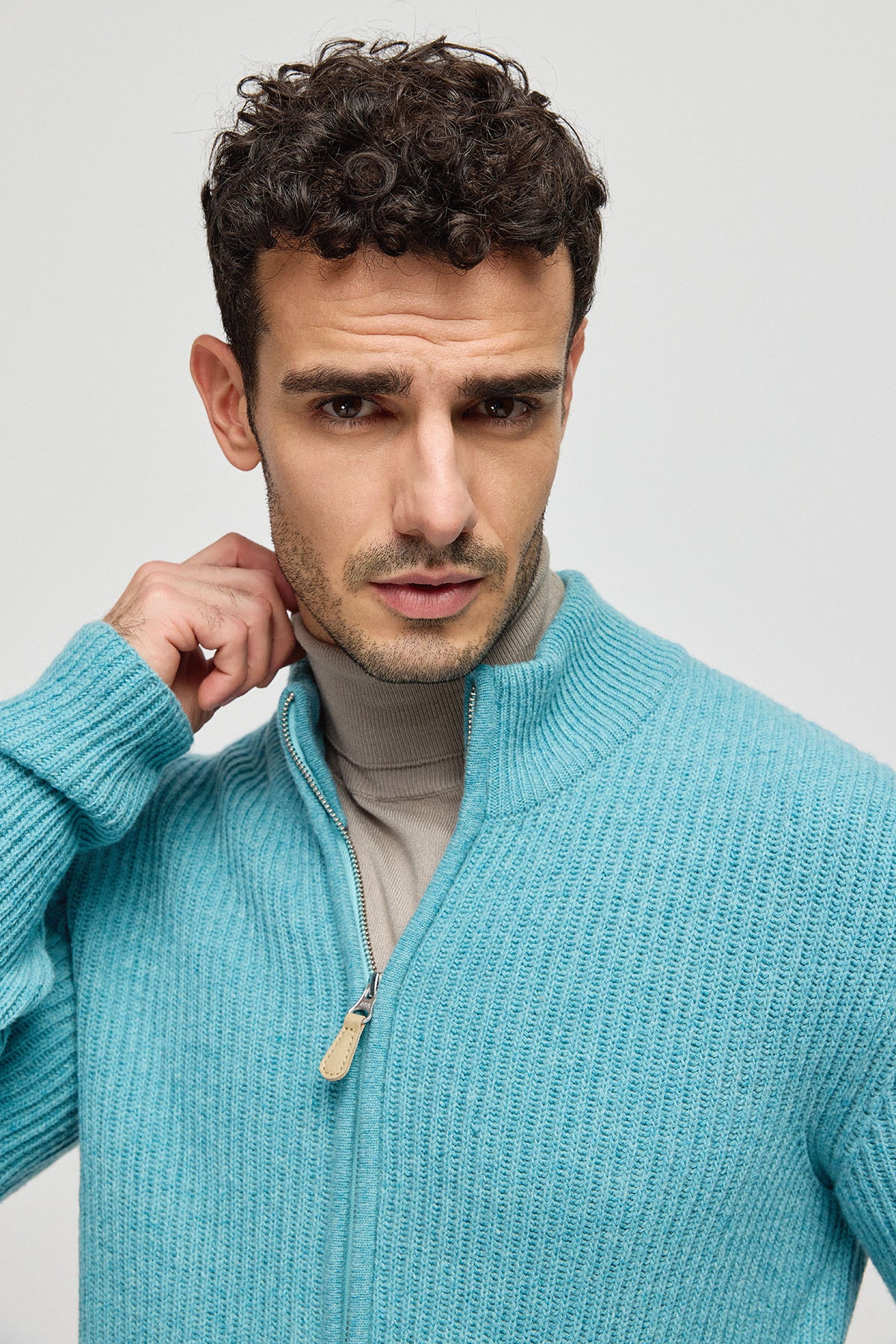 Yeşil Melanj Saf Yün Fabio Yüksek Yaka Ribanalı Erkek Hırka