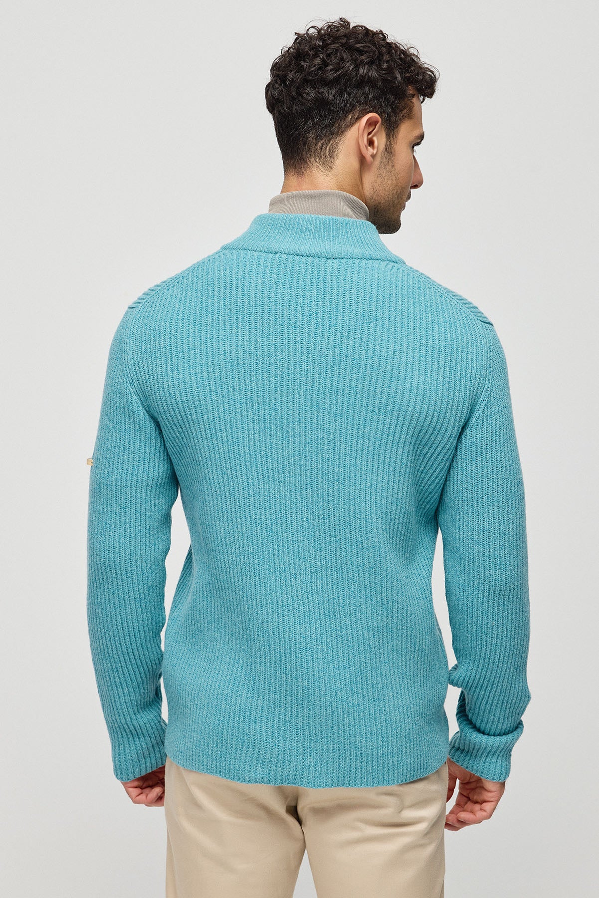 Yeşil Melanj Saf Yün Fabio Yüksek Yaka Ribanalı Erkek Hırka