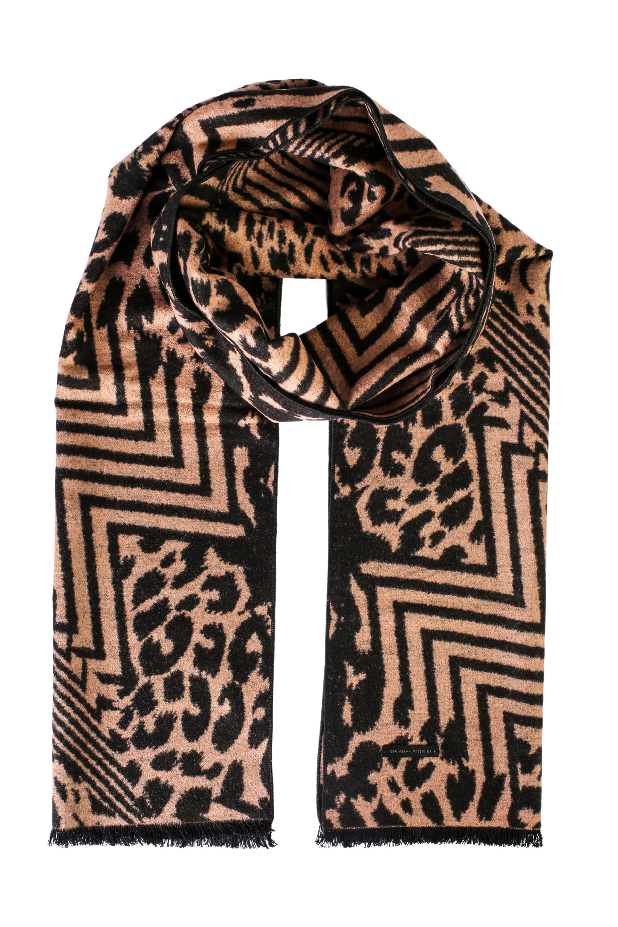 Siyah Bej Saf İpek Lotus Desenli Atkı 30x177