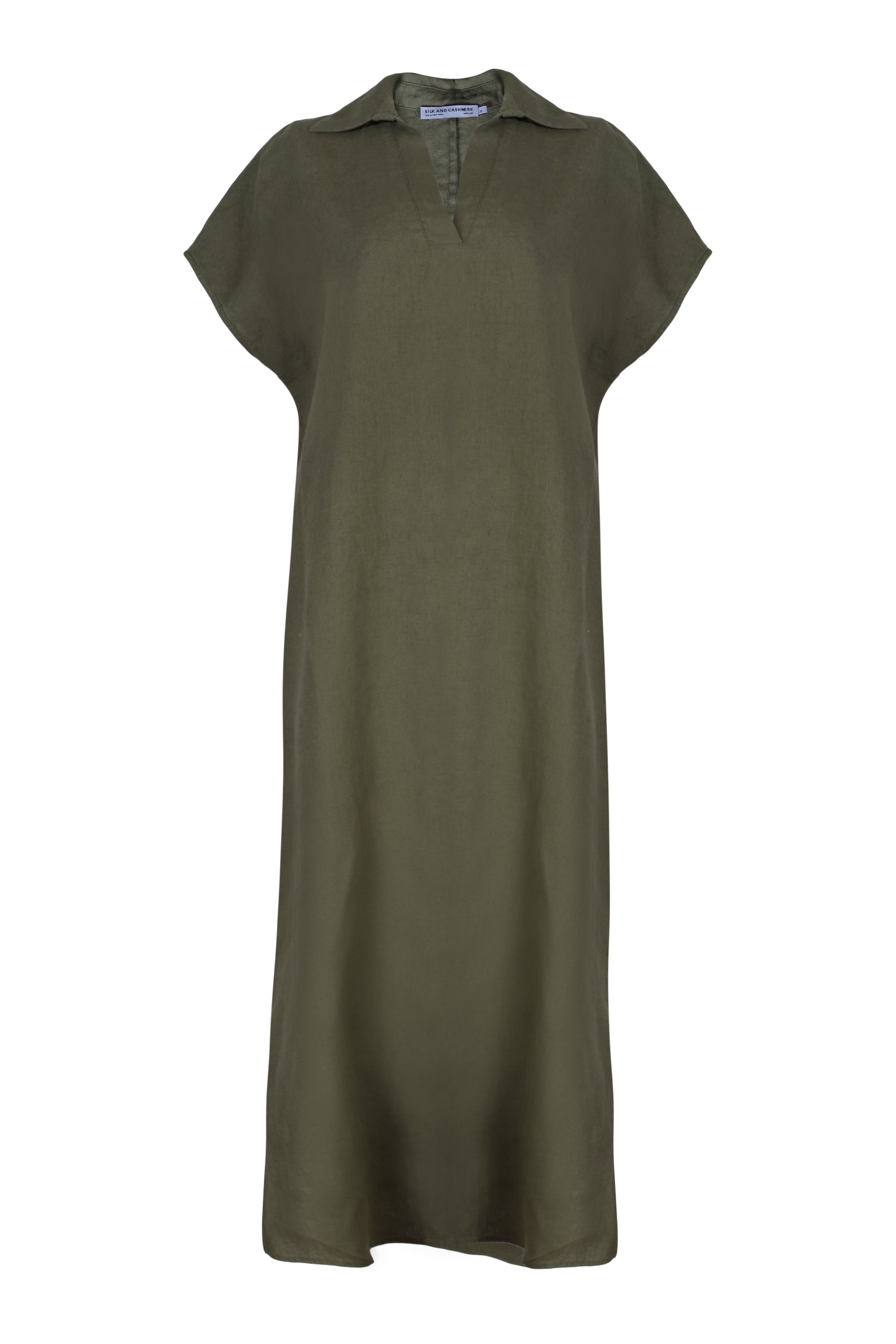 Haki Kate Keten Polo Yaka Kısa Kollu Elbise