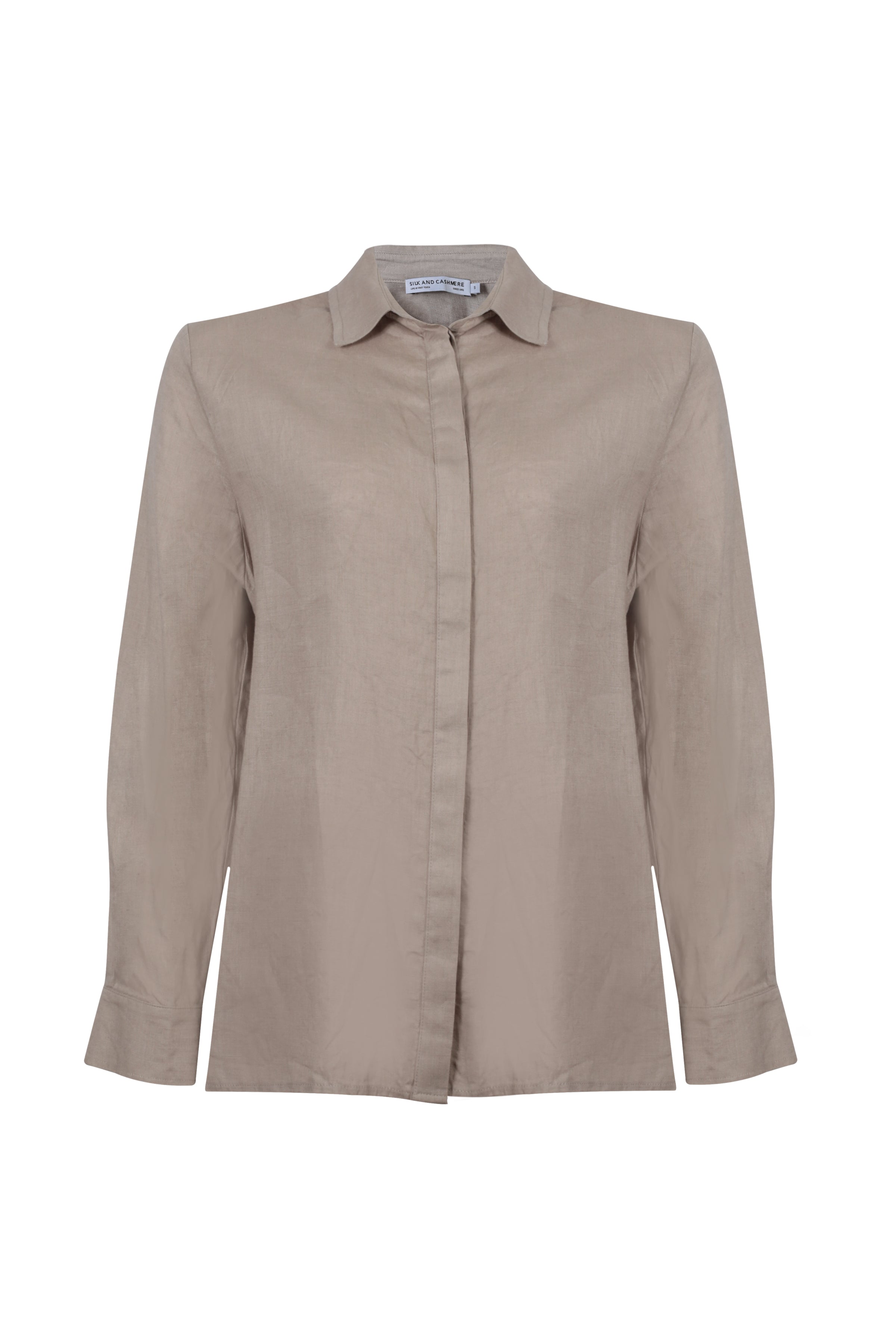 Bej Keten Kate Uzun Kollu Arkadan Bağlamalı Gömlek