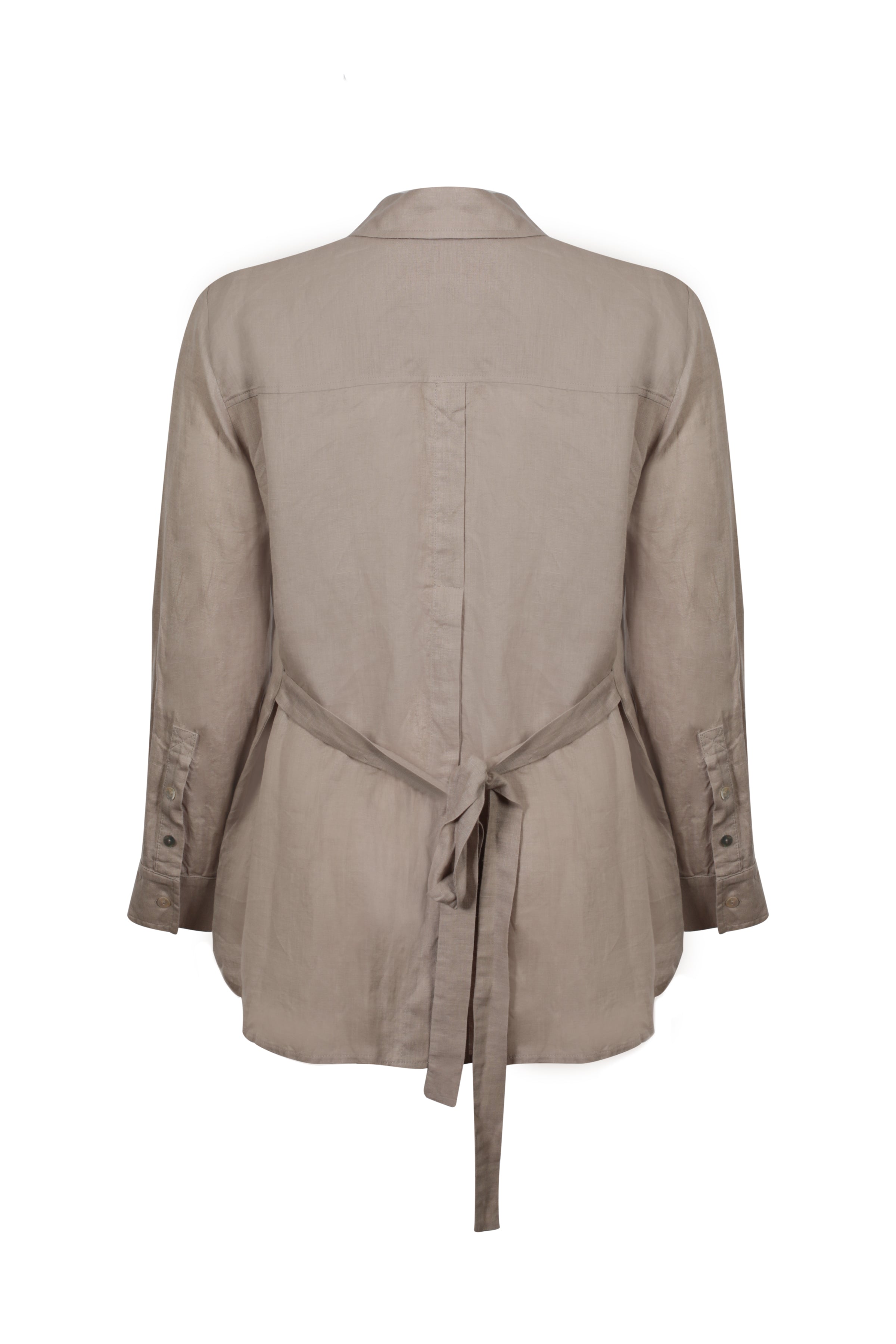 Bej Keten Kate Uzun Kollu Arkadan Bağlamalı Gömlek