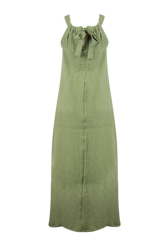 Yeşil Cassandra Pamuk Arka Yaka Fiyonk Detaylı Elbise