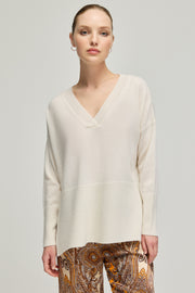 Beyaz Saf Kaşmir Isabella Derin V Yaka Kadın Kazak