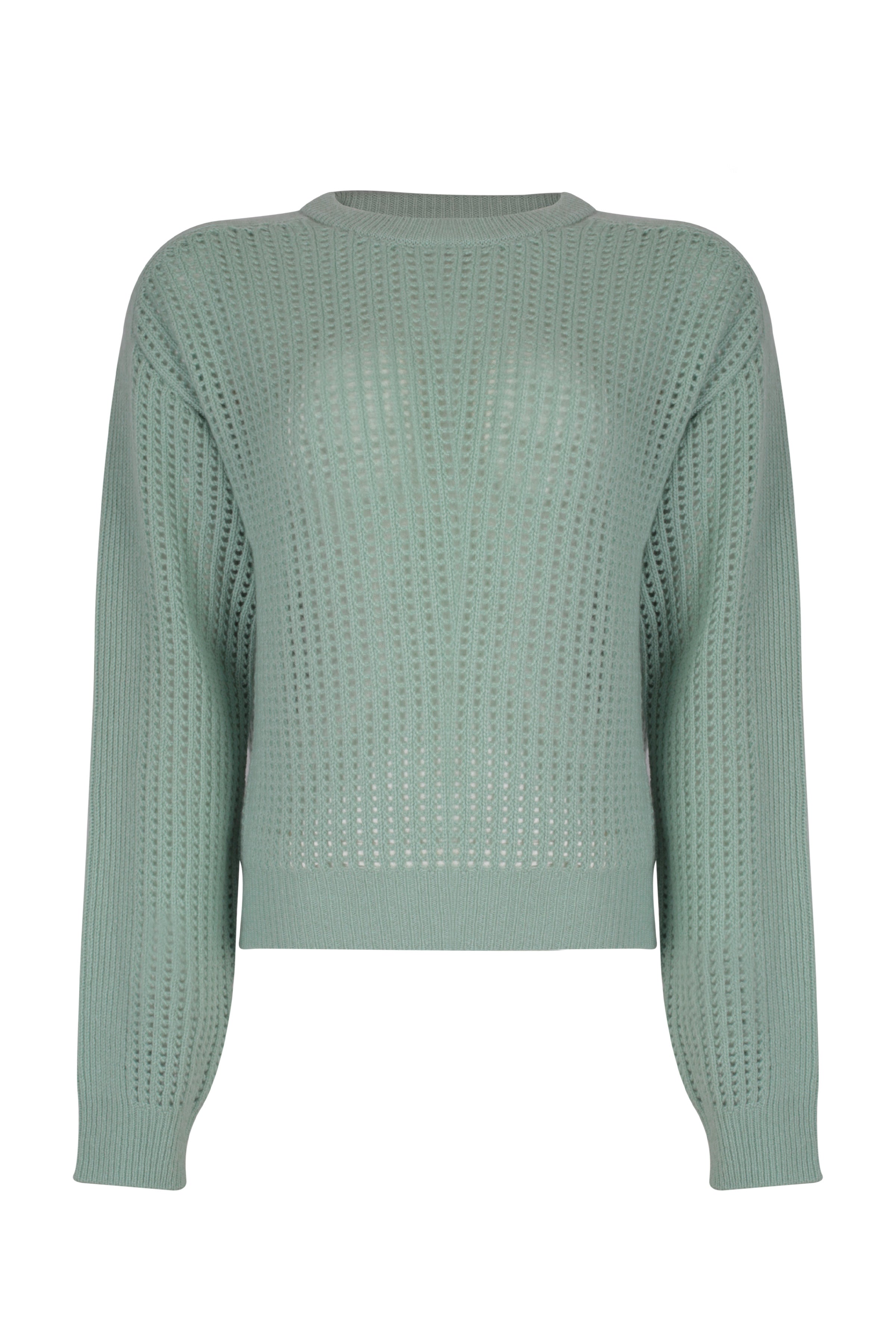 Açık Yeşil Pecheuse Saf Kaşmir Delikli Yuvarlk Yaka Kadın Kazak