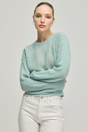 Açık Yeşil Pecheuse Saf Kaşmir Delikli Yuvarlk Yaka Kadın Kazak