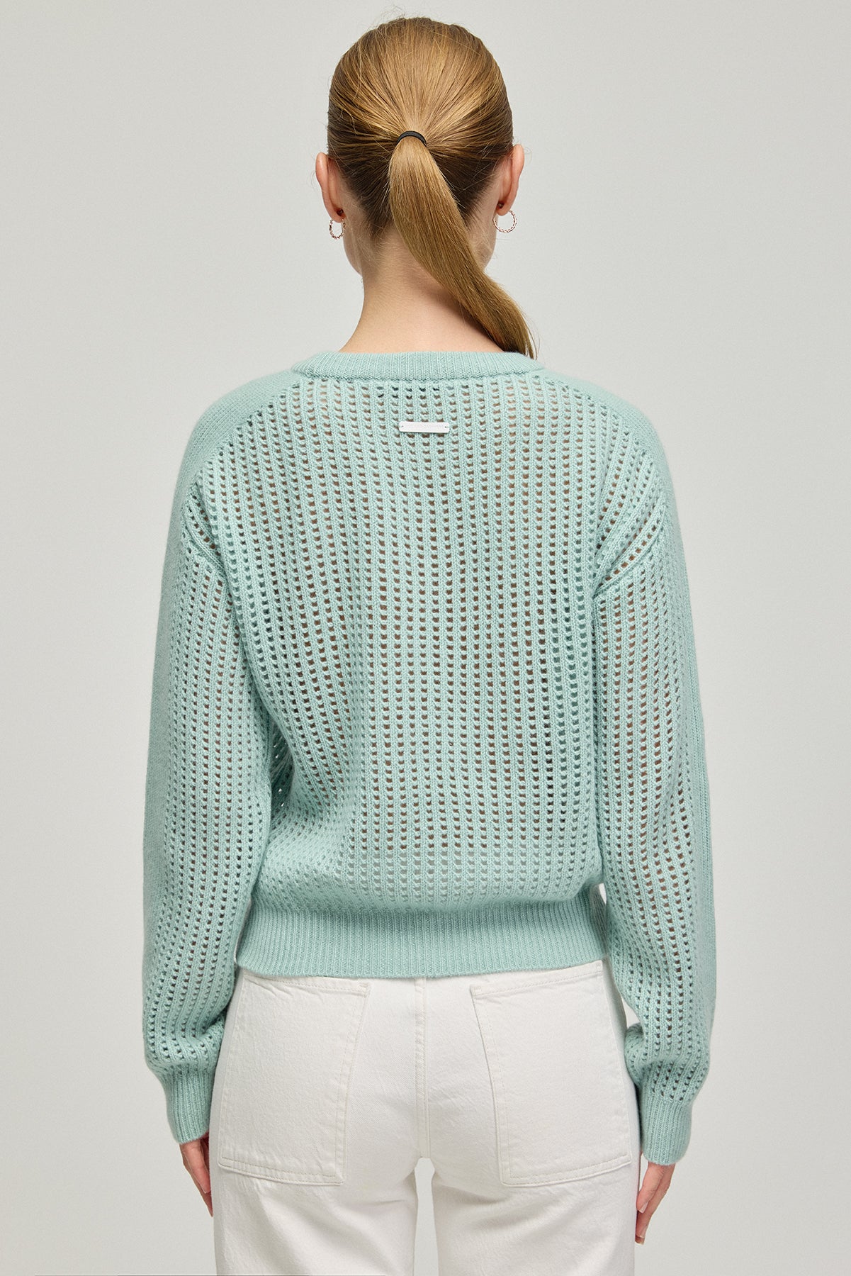 Açık Yeşil Pecheuse Saf Kaşmir Delikli Yuvarlk Yaka Kadın Kazak