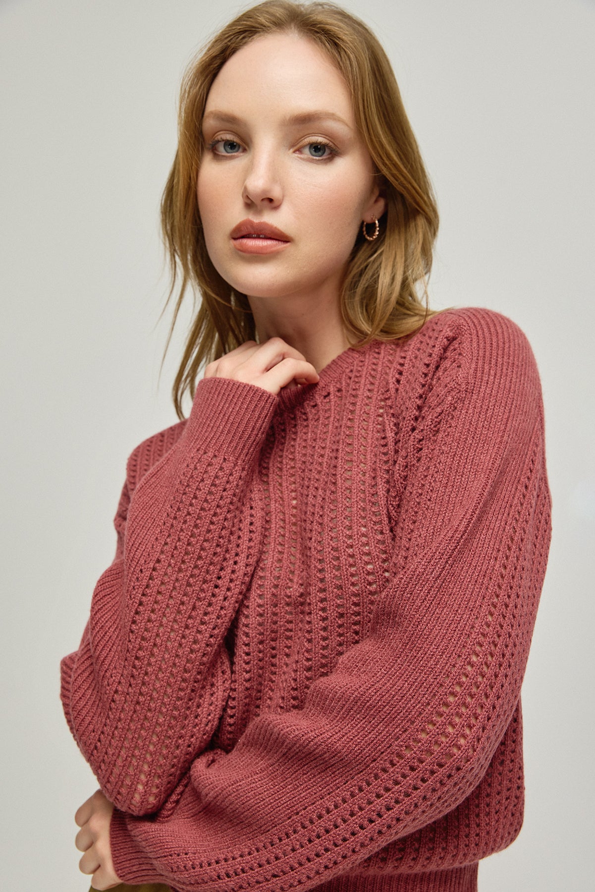 Gül Kurusu Pecheuse Saf Kaşmir Delikli Yuvarlk Yaka Kadın Kazak