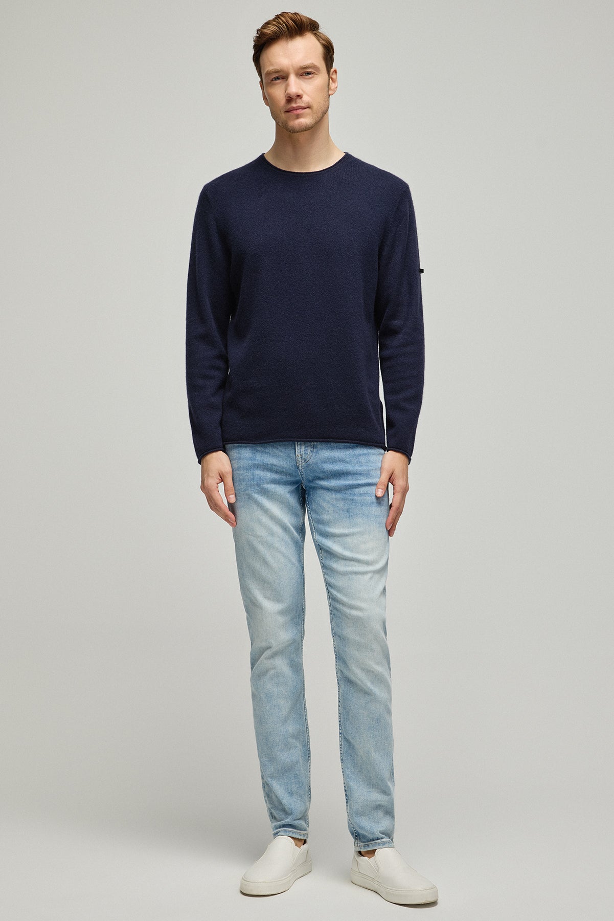 Lacivert Pecheur Saf Kaşmir Rulo Kenarlı Yuvarlak Yaka Erkek Kazak