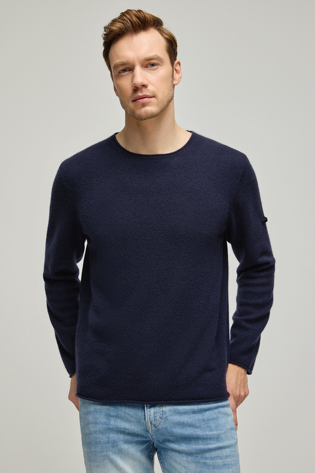 Lacivert Pecheur Saf Kaşmir Rulo Kenarlı Yuvarlak Yaka Erkek Kazak