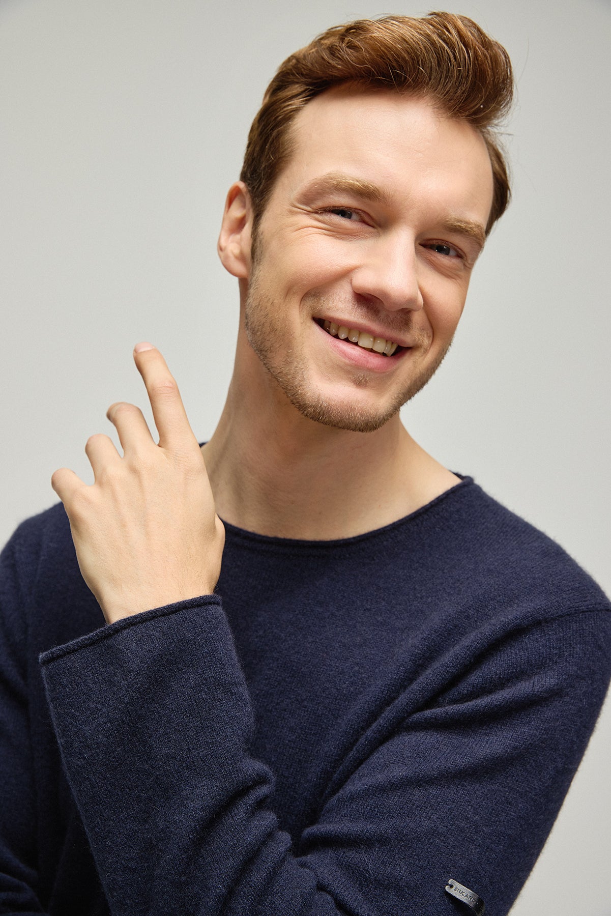 Lacivert Pecheur Saf Kaşmir Rulo Kenarlı Yuvarlak Yaka Erkek Kazak