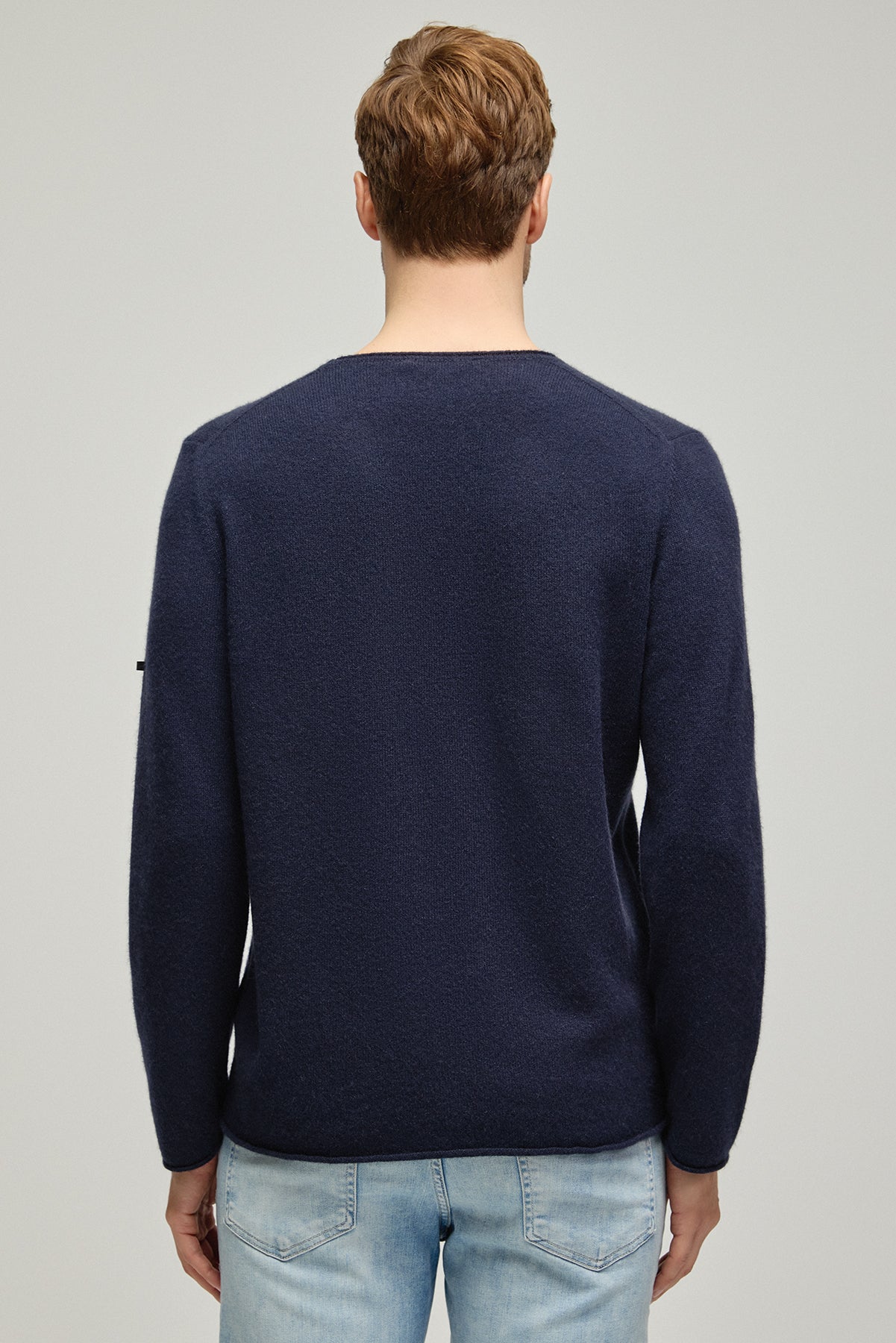 Lacivert Pecheur Saf Kaşmir Rulo Kenarlı Yuvarlak Yaka Erkek Kazak