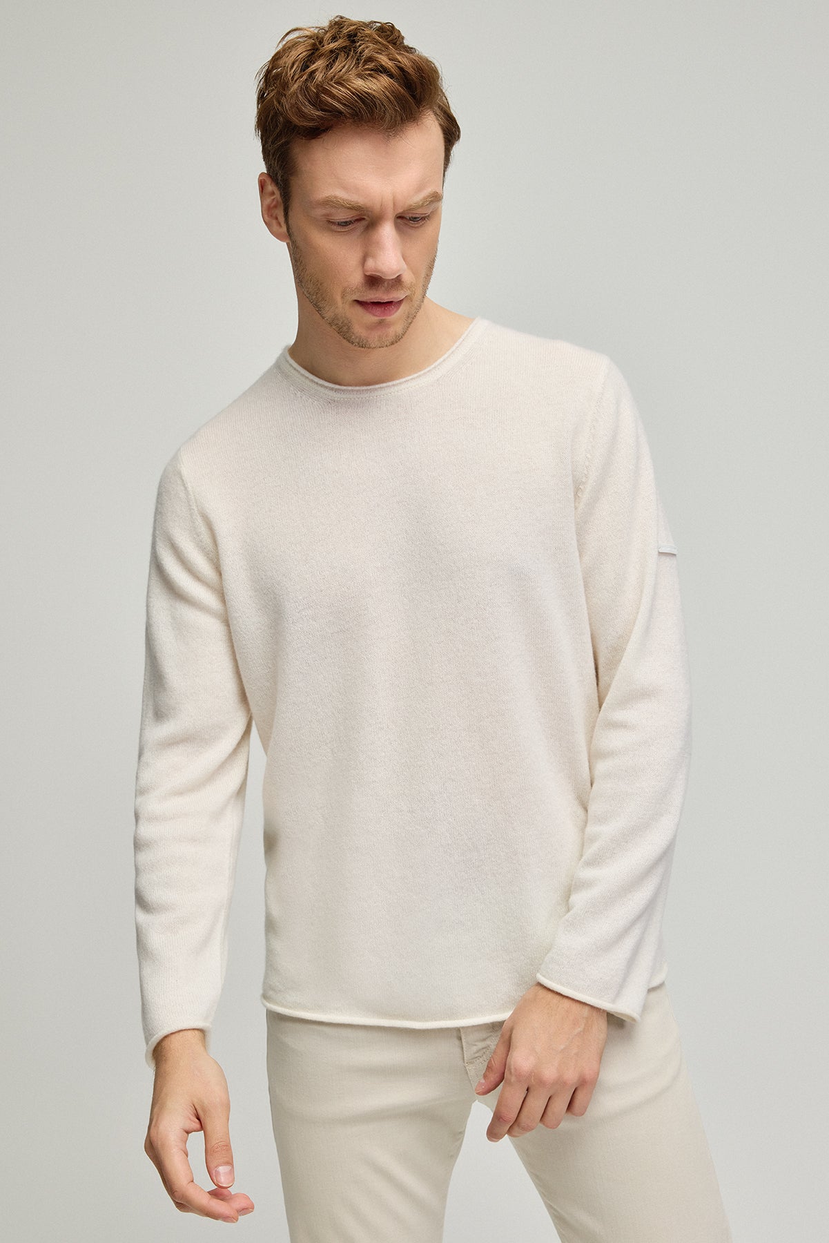 Beyaz Pecheur Saf Kaşmir Rulo Kenarlı Yuvarlak Yaka Erkek Kazak