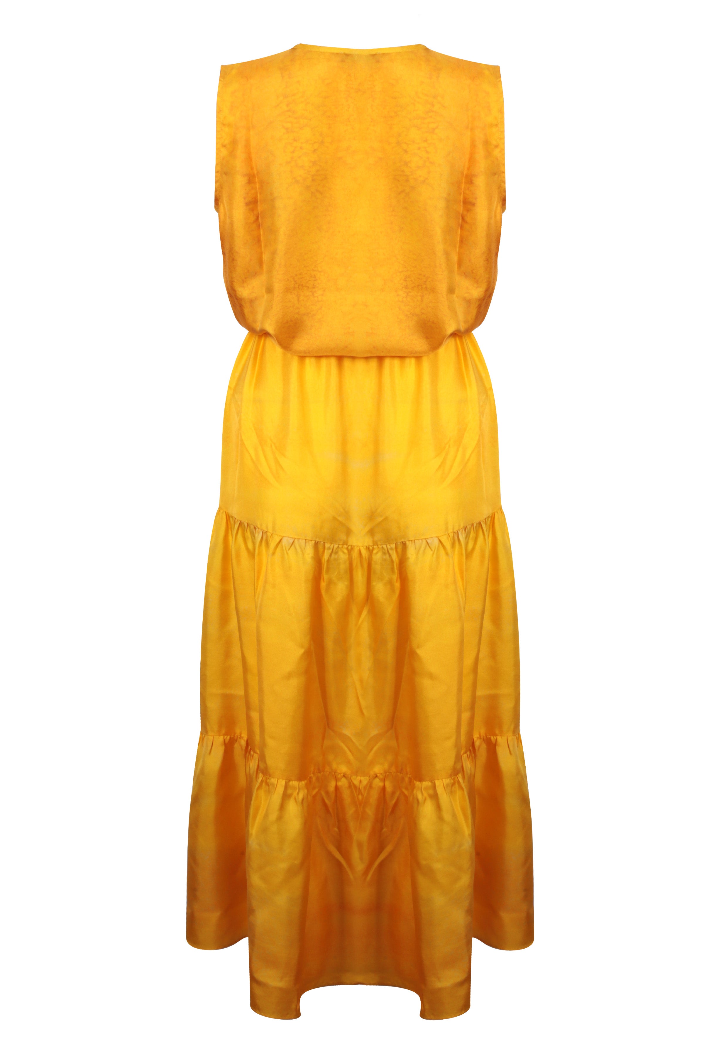 Sarı Nature Desenli  İpek Yuvarlak Yaka Kolsuz Elbise