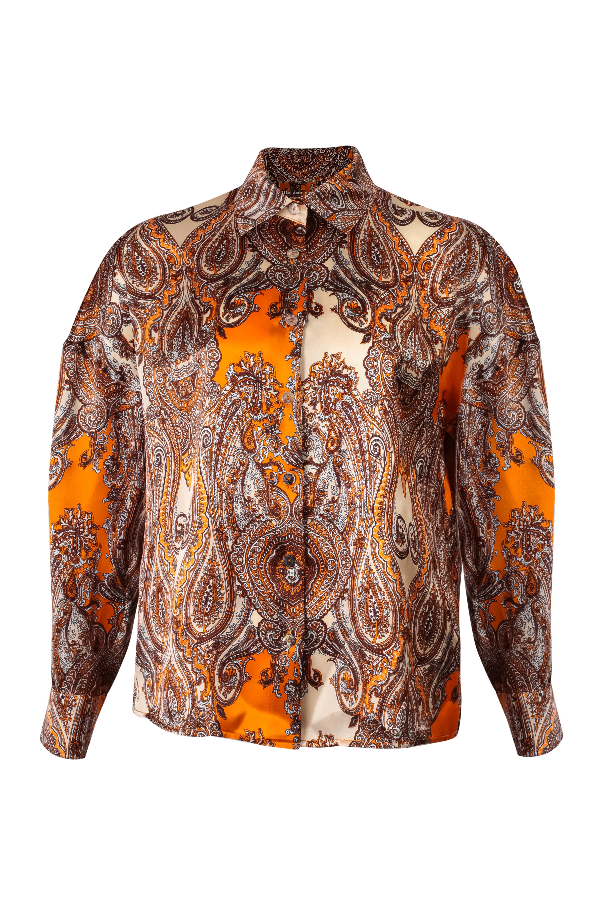Turuncu Flow Saf İpek Baskılı Uzun Kollu Gömlek