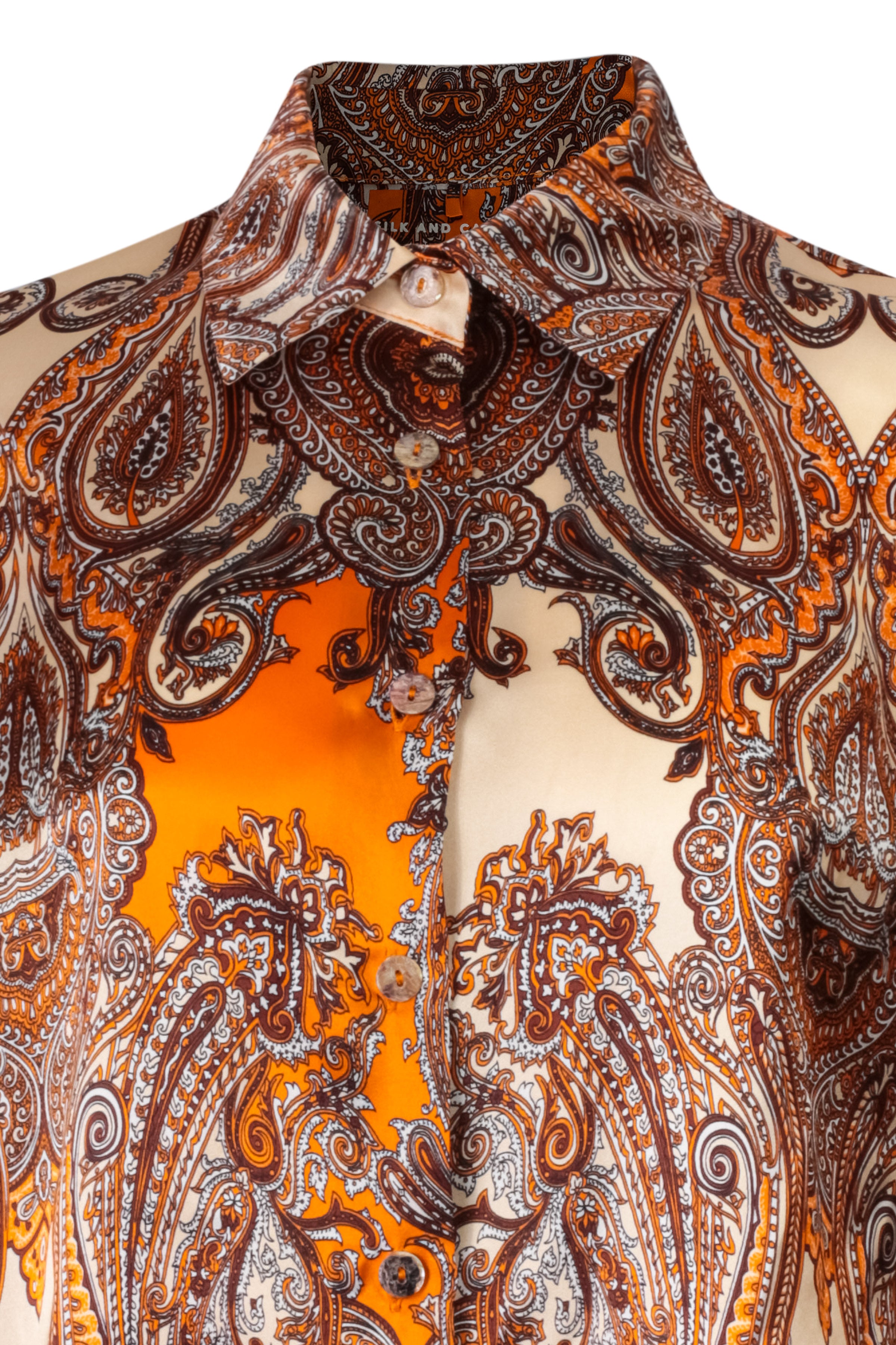 Turuncu Flow Saf İpek Baskılı Uzun Kollu Gömlek