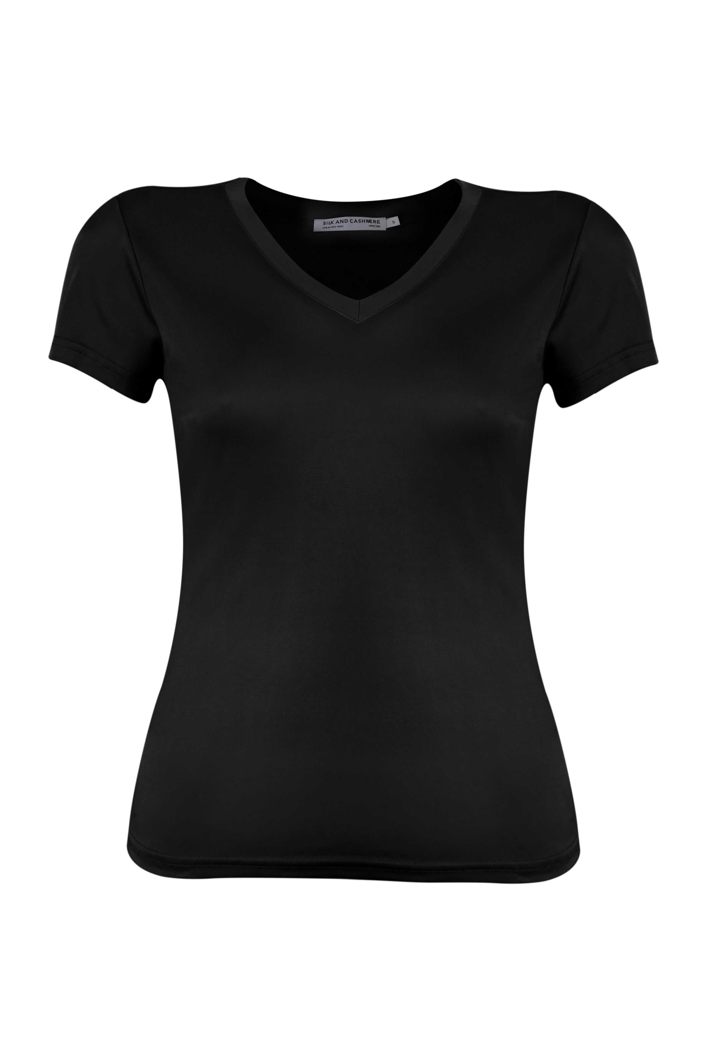 Siyah Marina İpekli V Yaka  Kısa Kollu T-Shirt