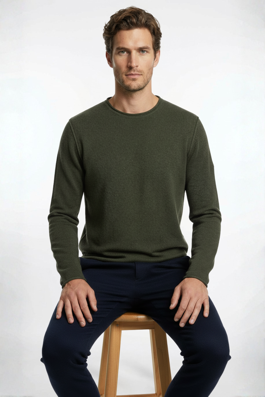 Haki David Saf Kaşmir Bisiklet Yaka Erkek Kazak