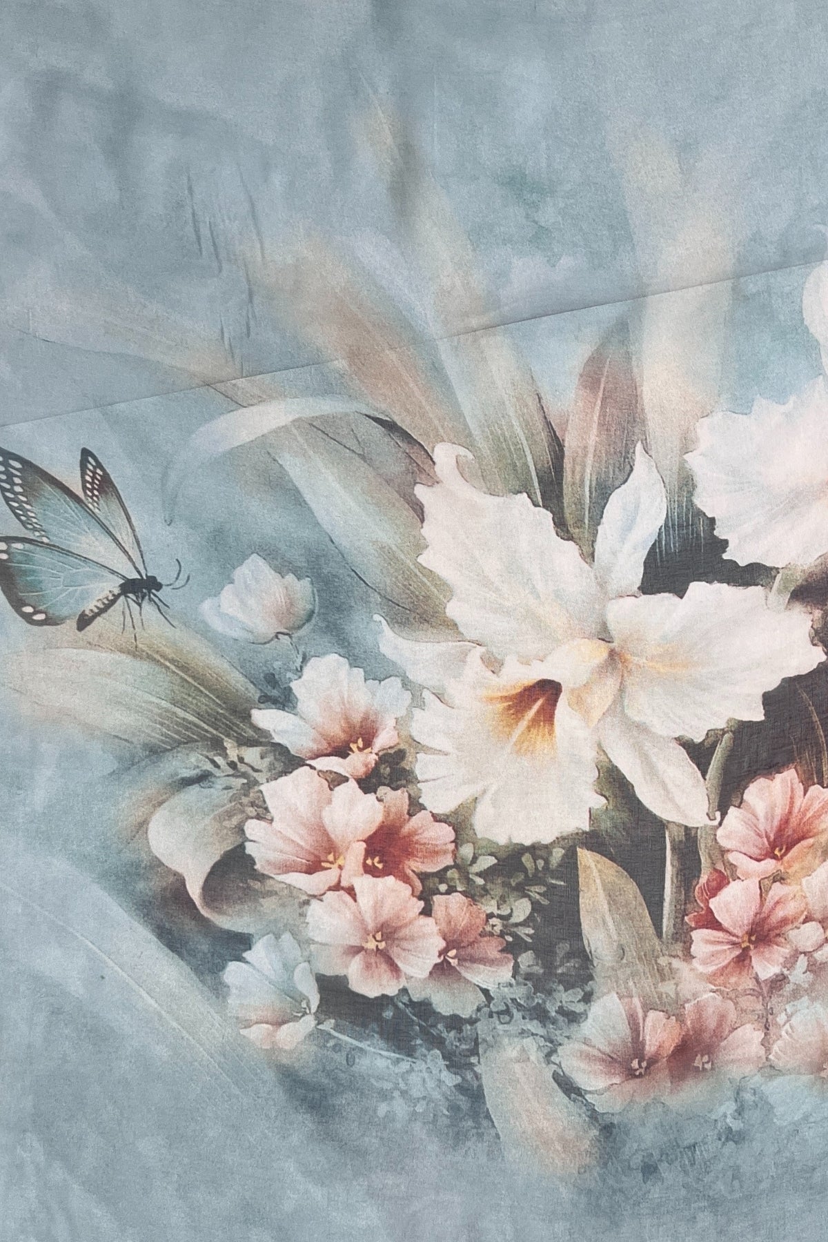 Mavi Anabel Saf İpek  Şifon Baskılı Oblong Şal 180x110