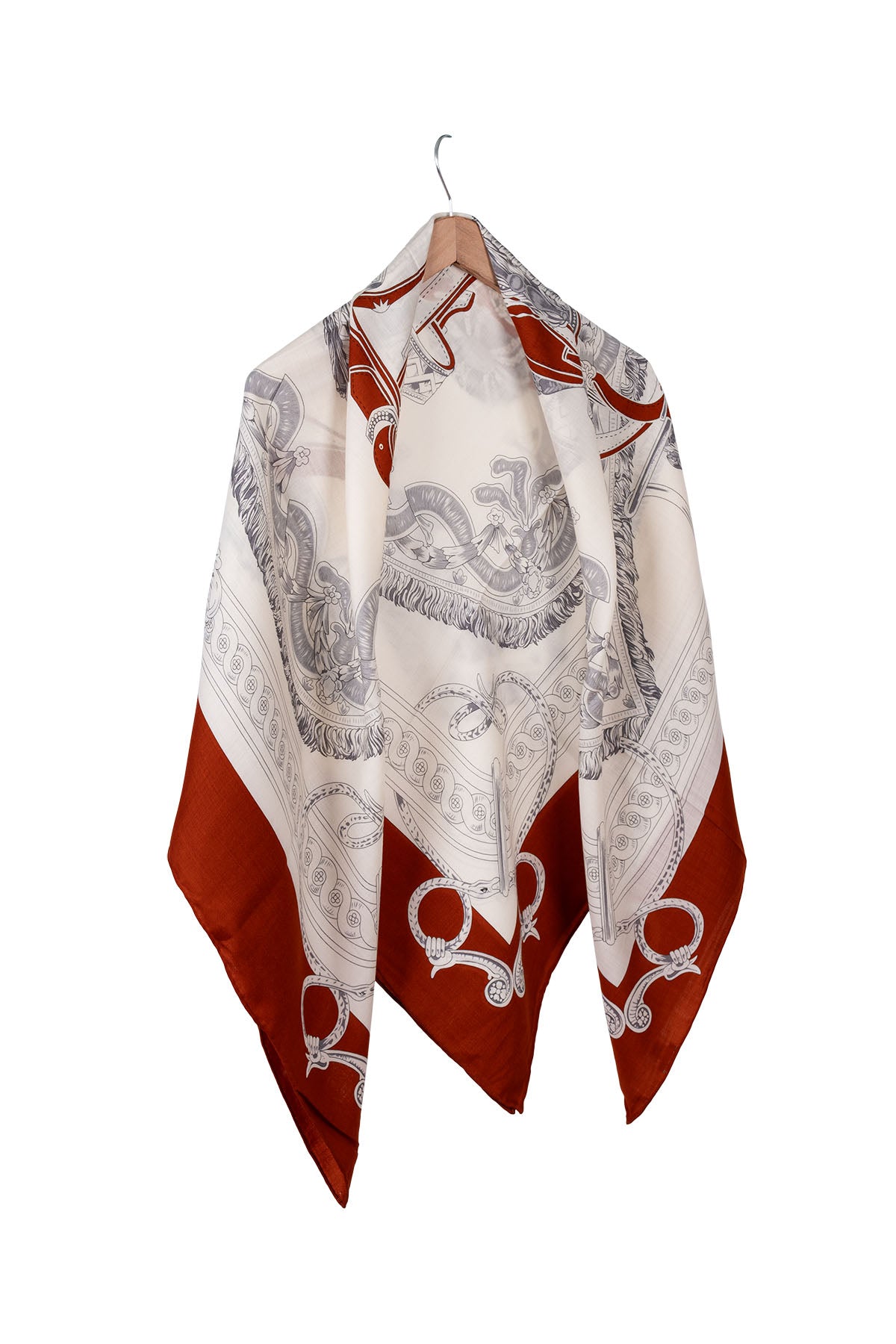 Kiremit Beyaz Linda Kaşmir Desenli Kare Eşarp 140x140 cm