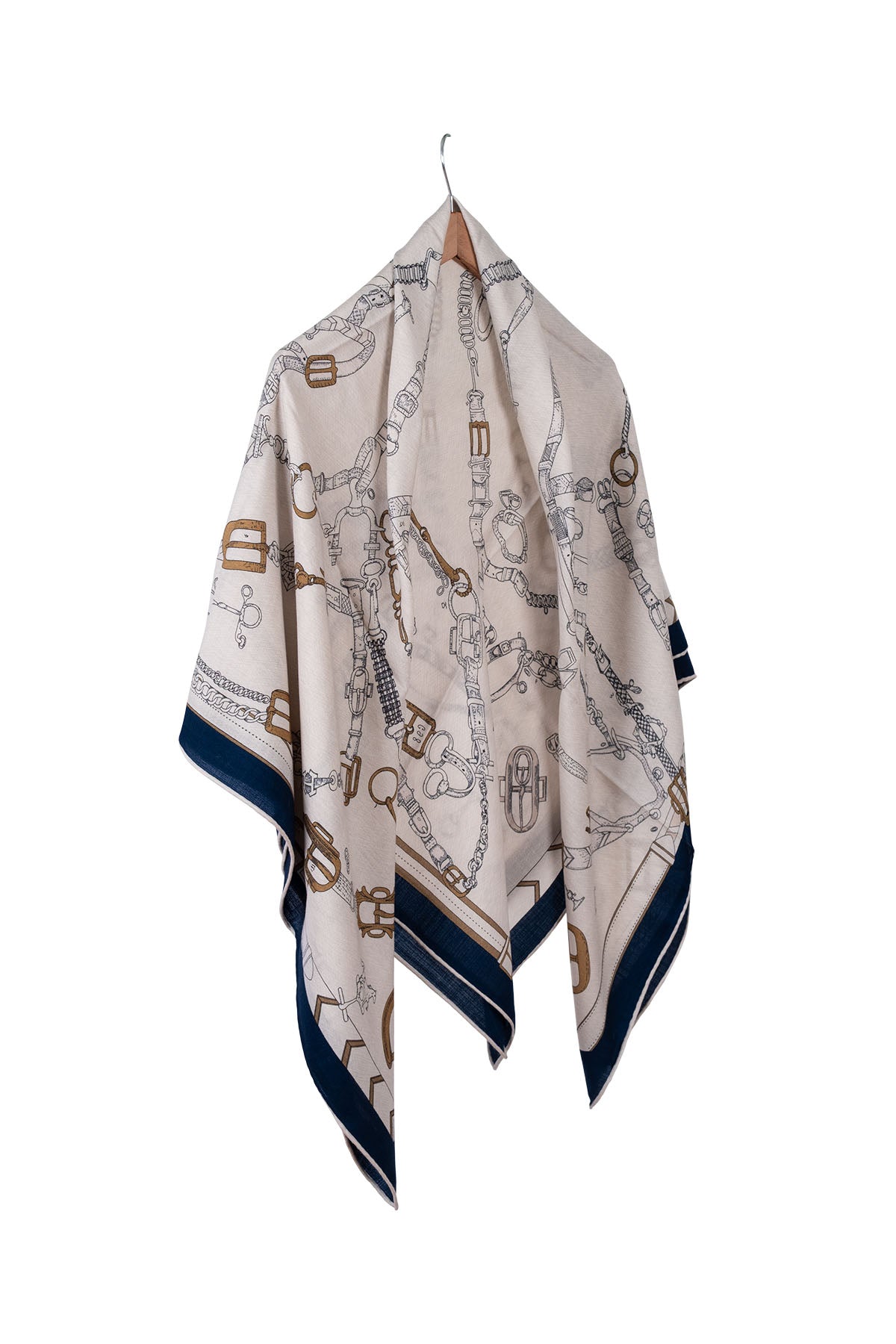 Mavi Beyaz Linda Saf Kaşmir Baskılı Eşarp 140x 140 cm