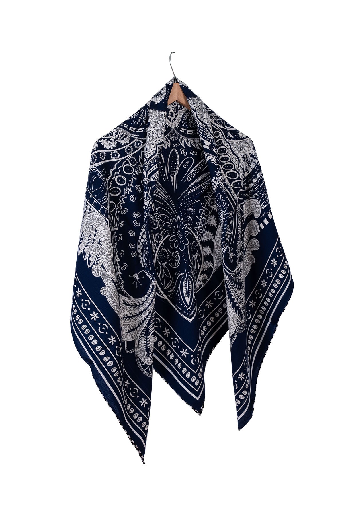 Lacivert Beyaz Linda Kaşmir Desenli Kare Eşarp 140x140 cm