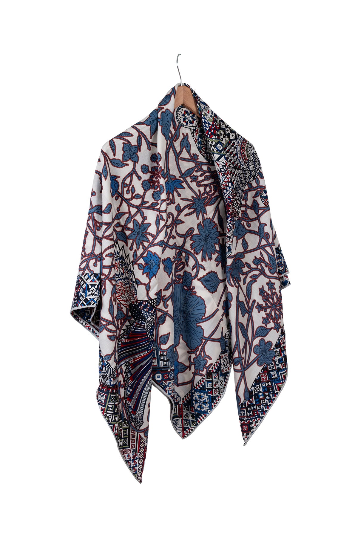 Mavi Beyaz Linda Kaşmir Desenli Kare Eşarp 140x140 cm