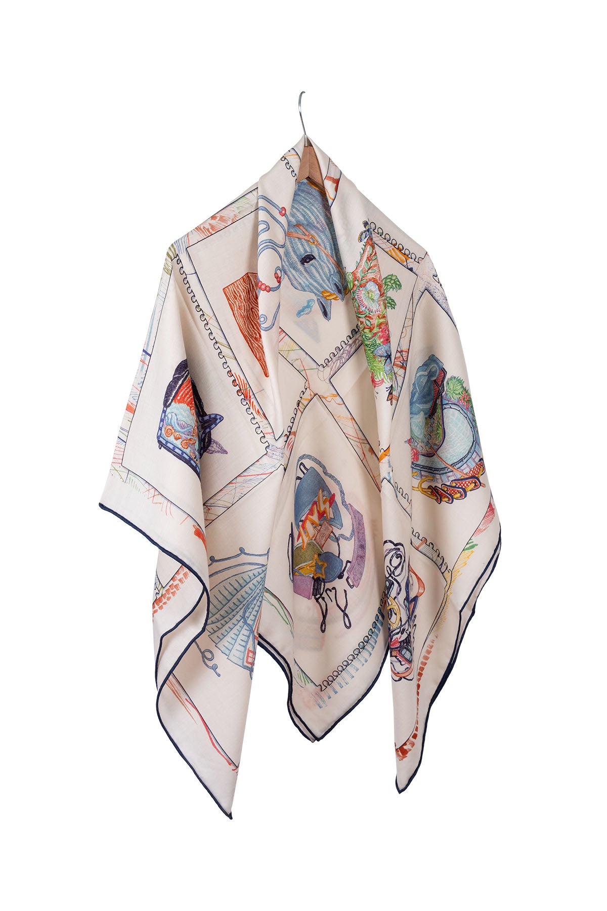 Beyaz Açık Mavi Linda Kaşmir Desenli Kare Eşarp 140x140  cm