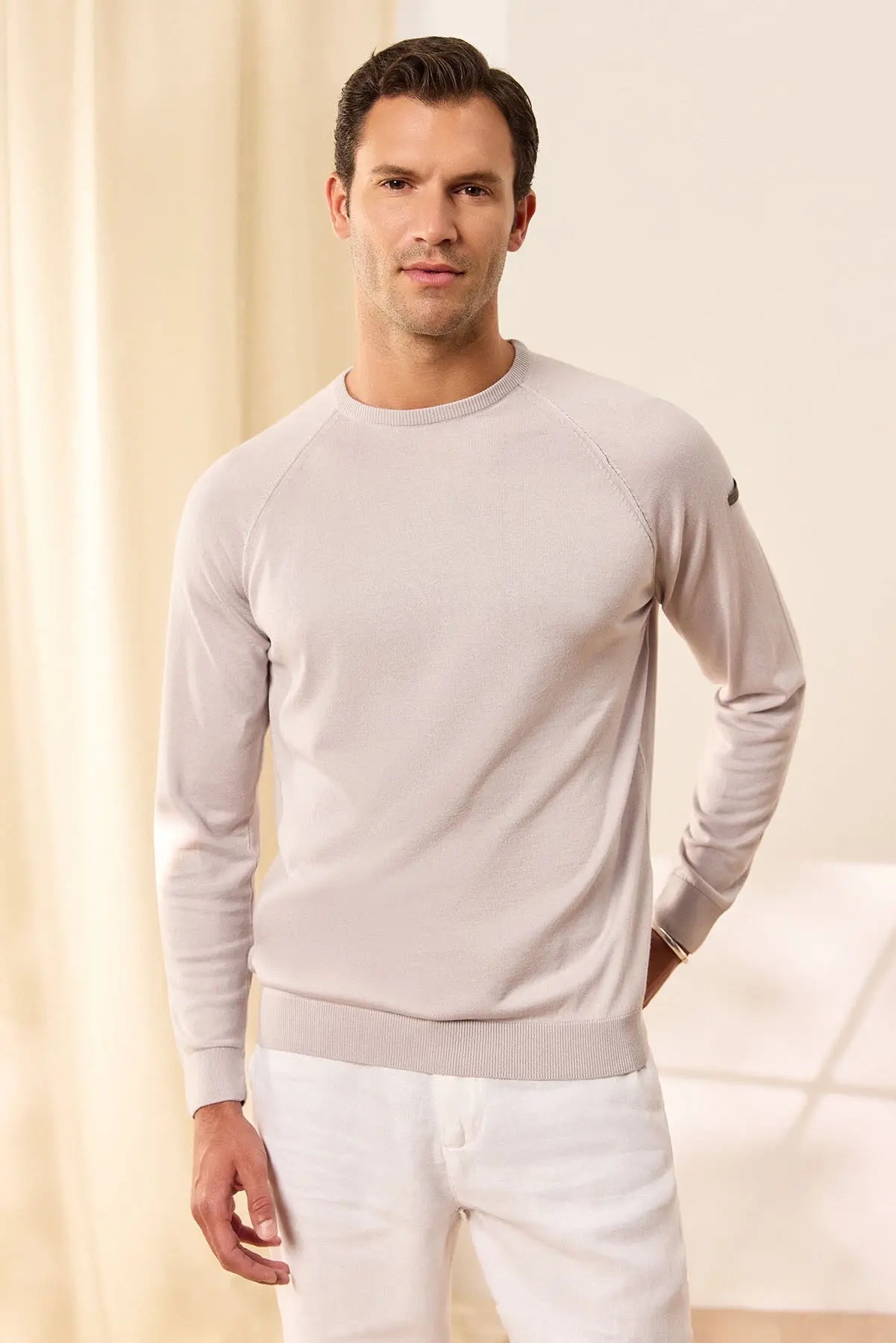 Açık Gri İpek Pamuk Quentin Yuvarlak Yaka Uzun Kollu Erkek Triko Kazak Silk and Cashmere