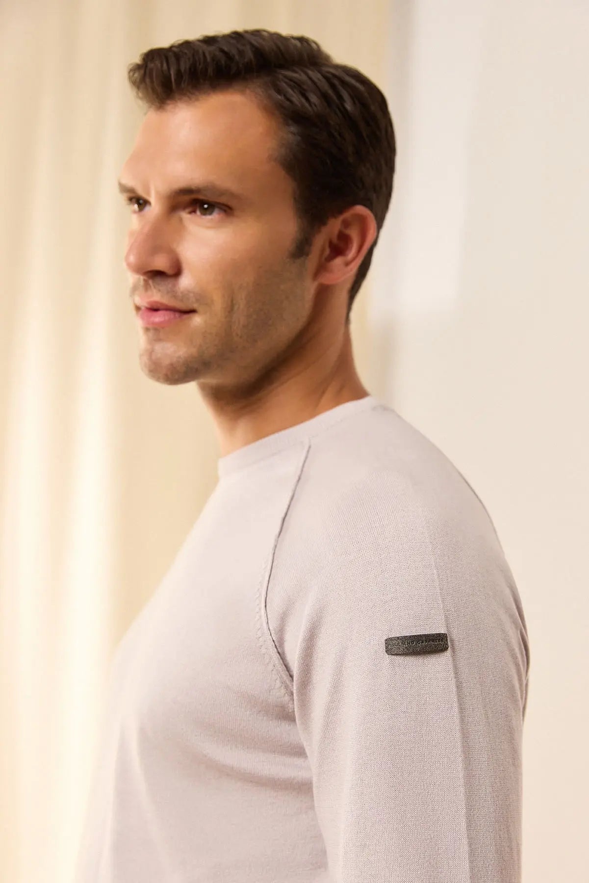 Açık Gri İpek Pamuk Quentin Yuvarlak Yaka Uzun Kollu Erkek Triko Kazak Silk and Cashmere