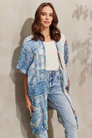 Açık Mavi İpekli Jas Mavi Desenli Tunik Kimono Silk and Cashmere