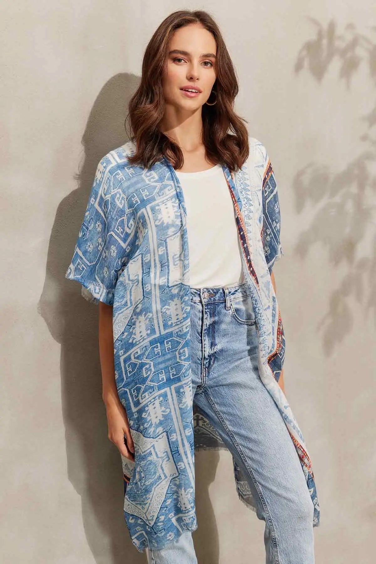 Açık Mavi İpekli Jas Mavi Desenli Tunik Kimono Silk and Cashmere