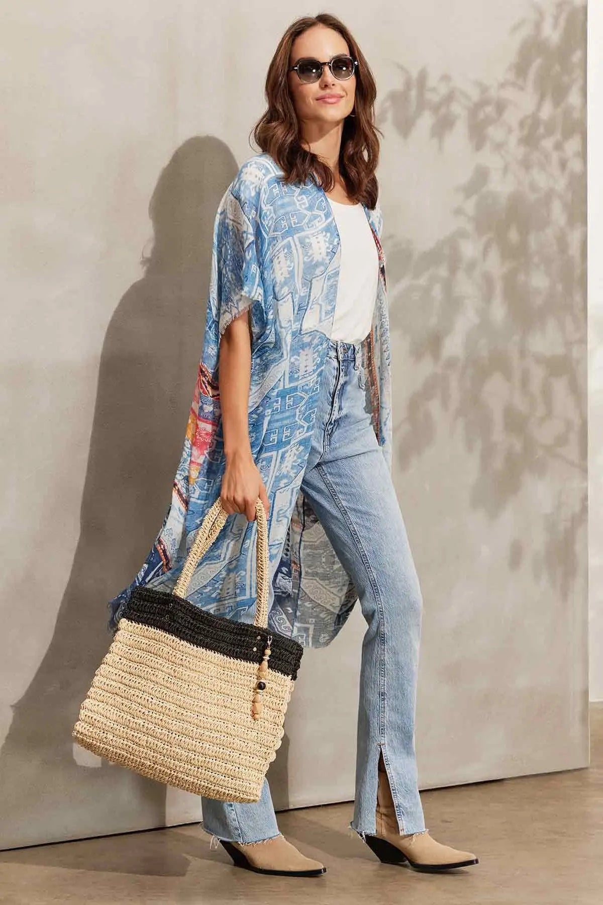 Açık Mavi İpekli Jas Mavi Desenli Tunik Kimono Silk and Cashmere